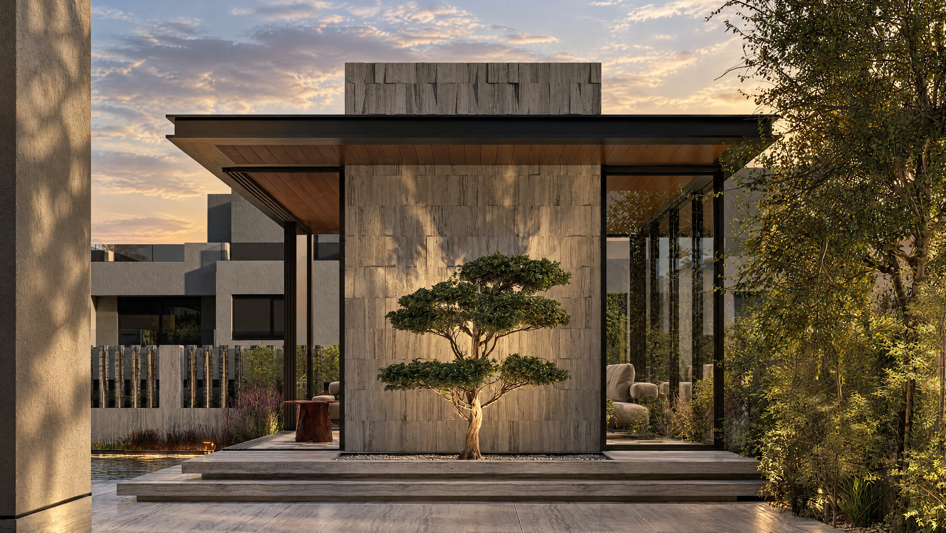 House of Tsuba — Entrance pavilion with a sculpted pine