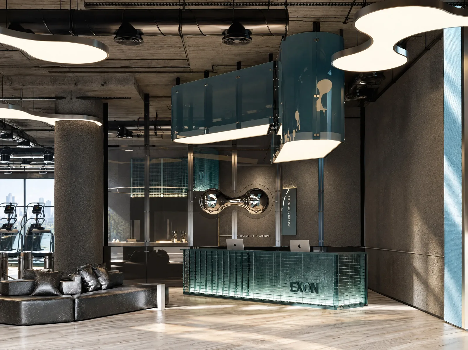 Exon Gym — Reception and lounge beneath sculpted ceiling lights