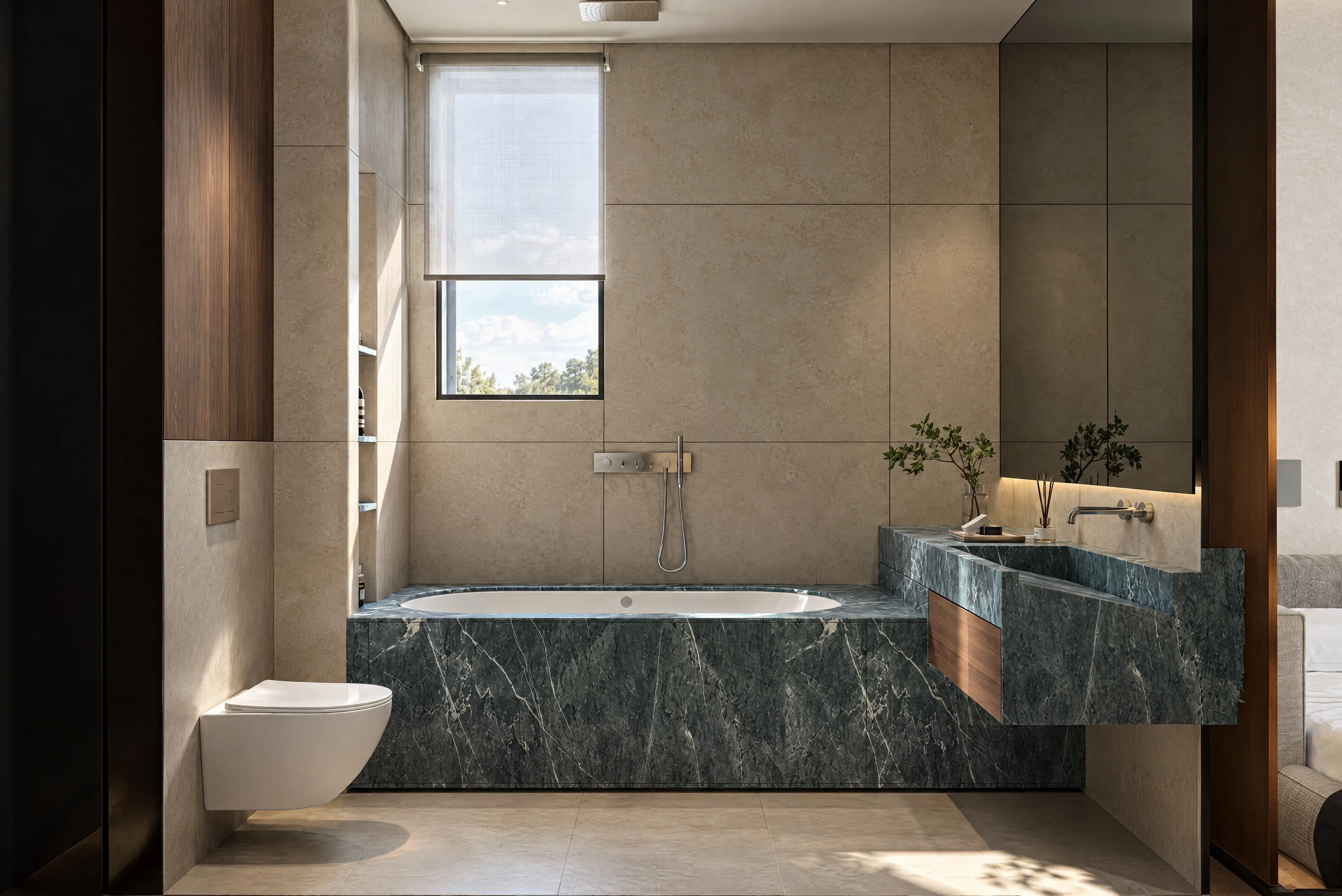 The Russet Pulse — Bathroom with green marble bath