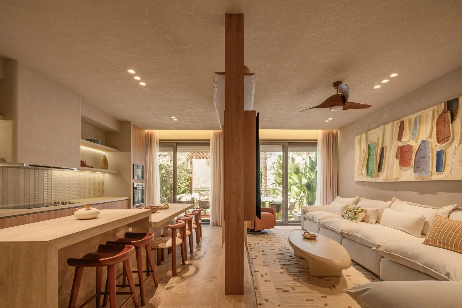 Casa Terrane — Open living, dining and kitchen in oak and plaster