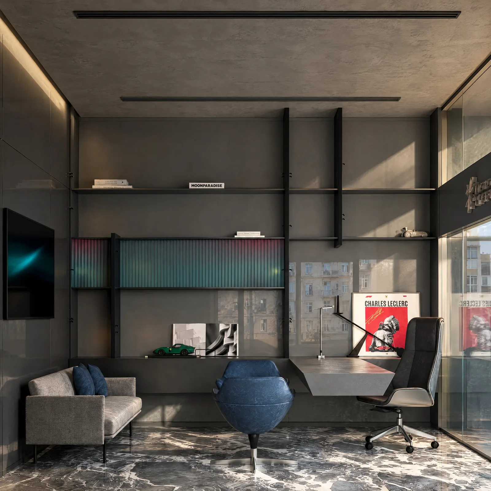 Moto Xperts — Office with shelving and lounge seating
