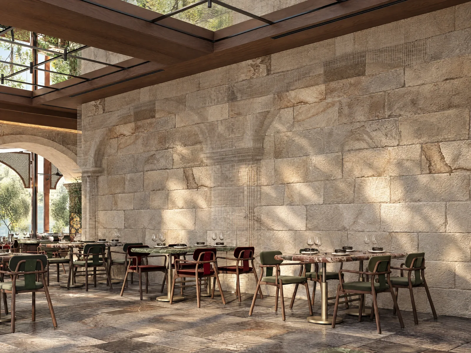 Mazal — Dining room beneath the roof grid