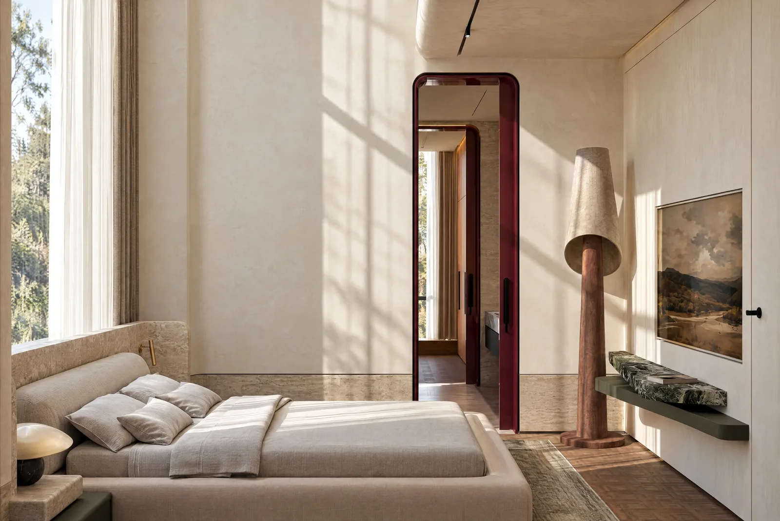 The Russet Pulse — Master bedroom with oxblood door frames