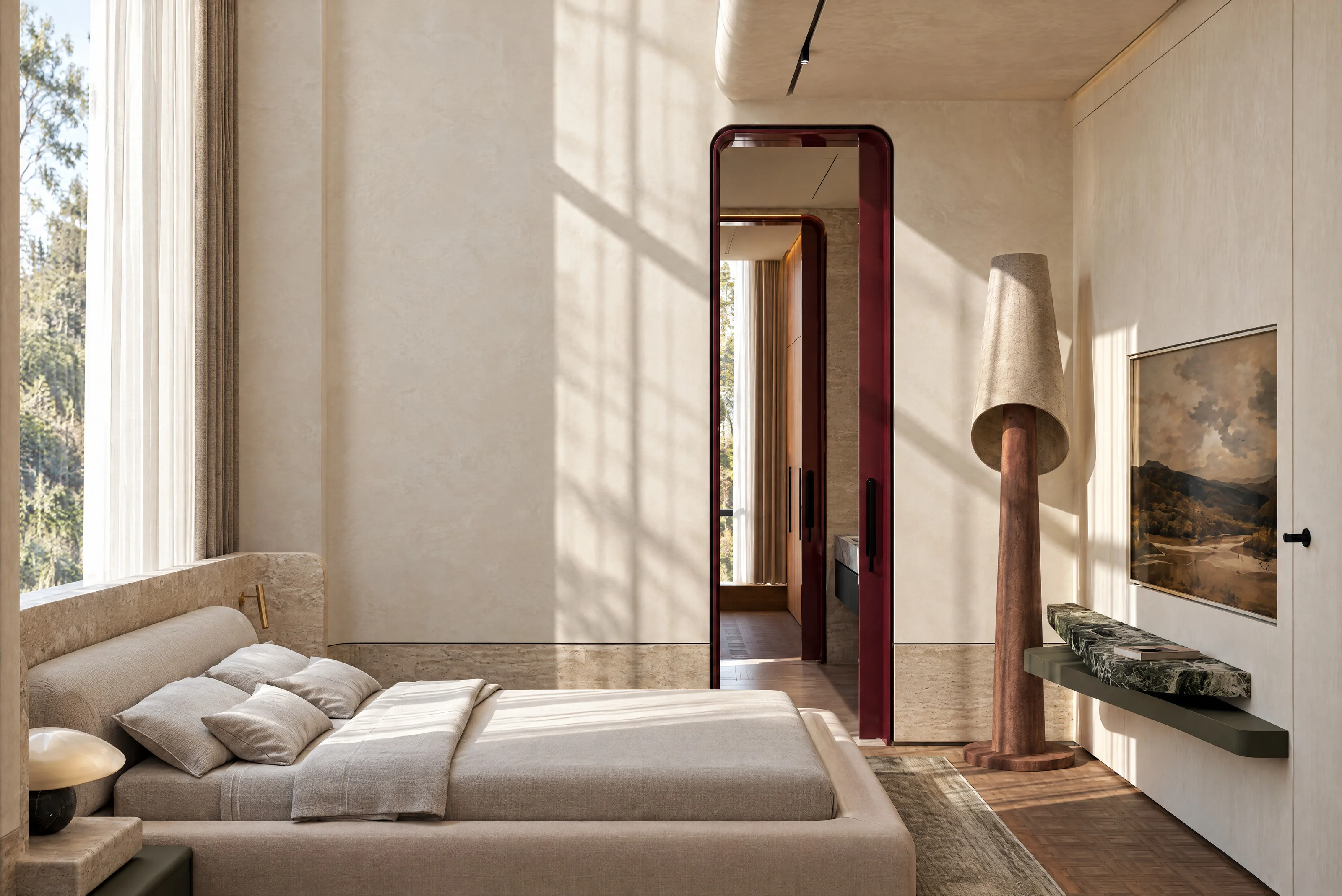 The Russet Pulse — Master bedroom with oxblood door frames