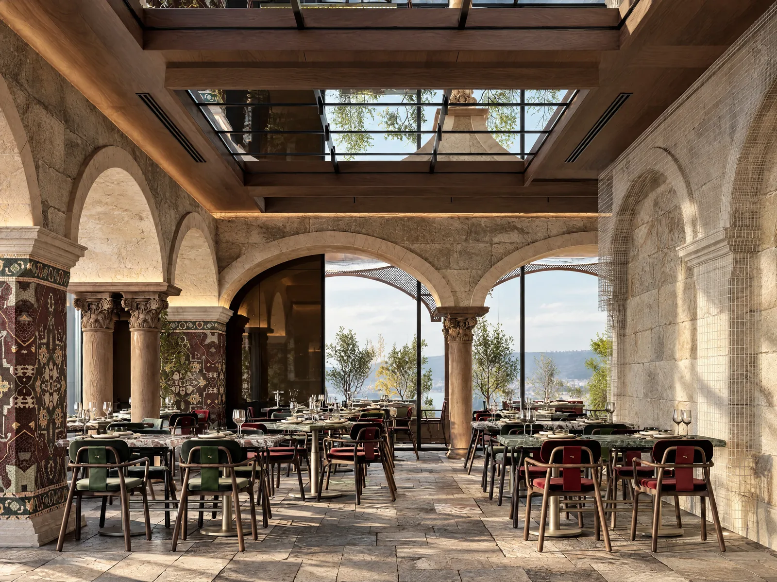 Mazal — Dining room beneath carved arches and a glazed roof