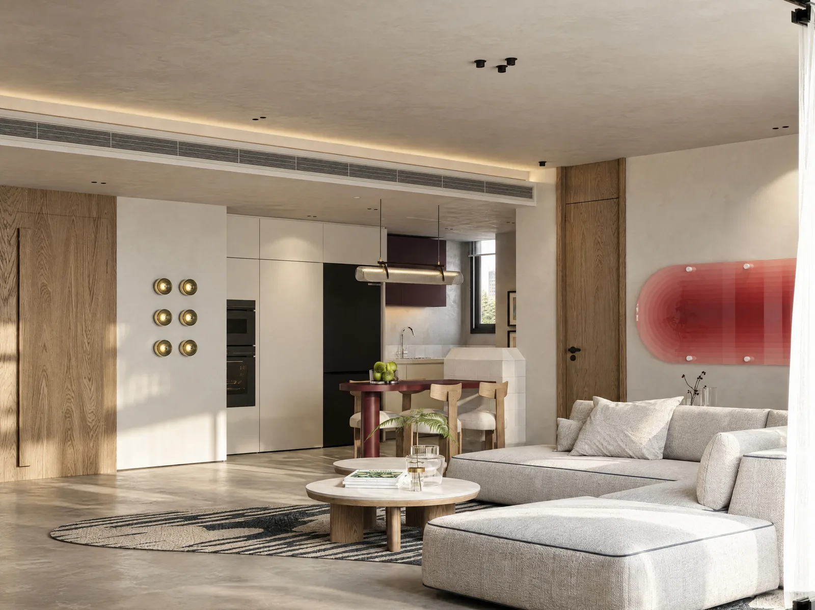 Playa Palms — Living room with sculptural sofa and light panel