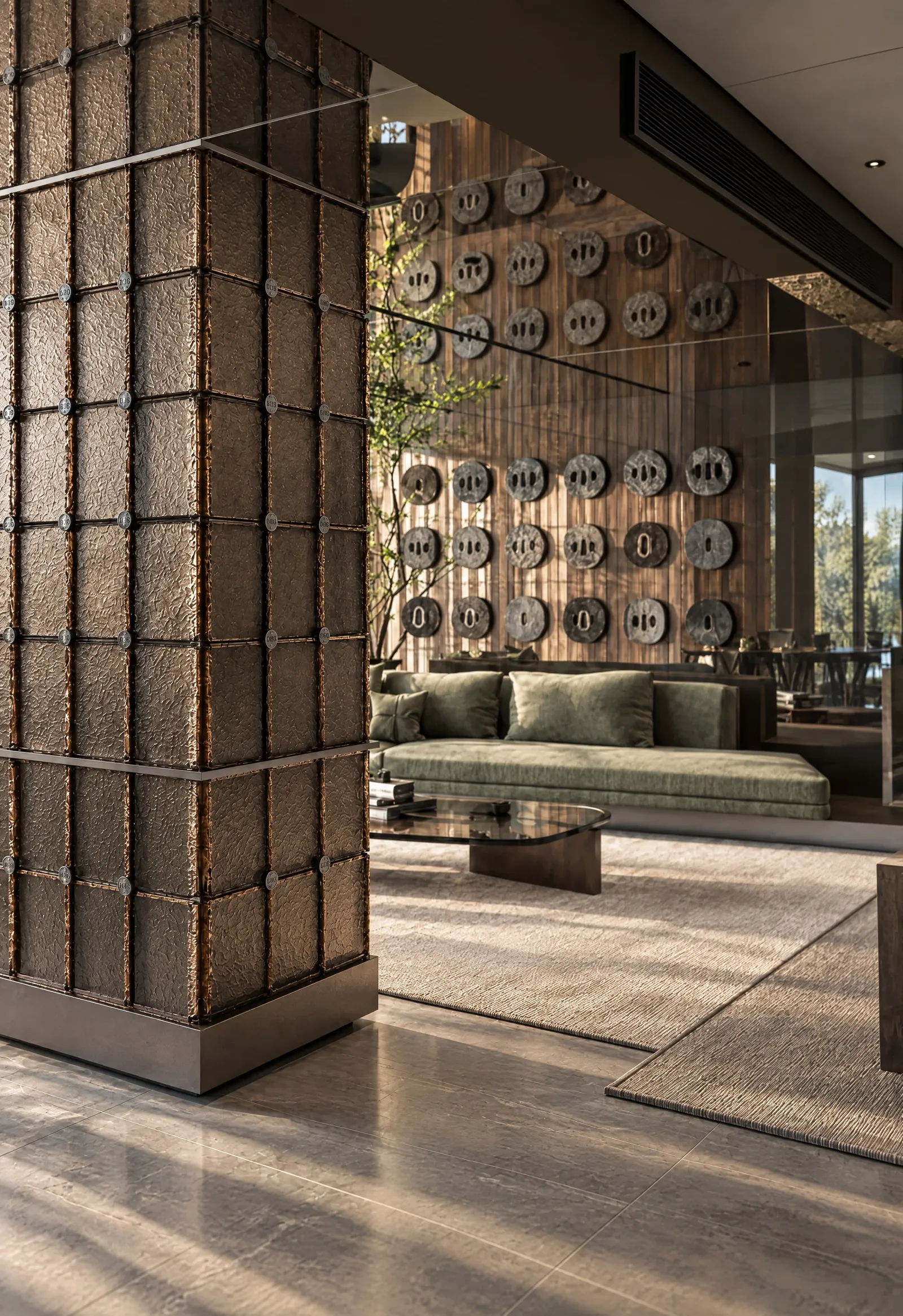 House of Tsuba — Lounge seen through bronze screens