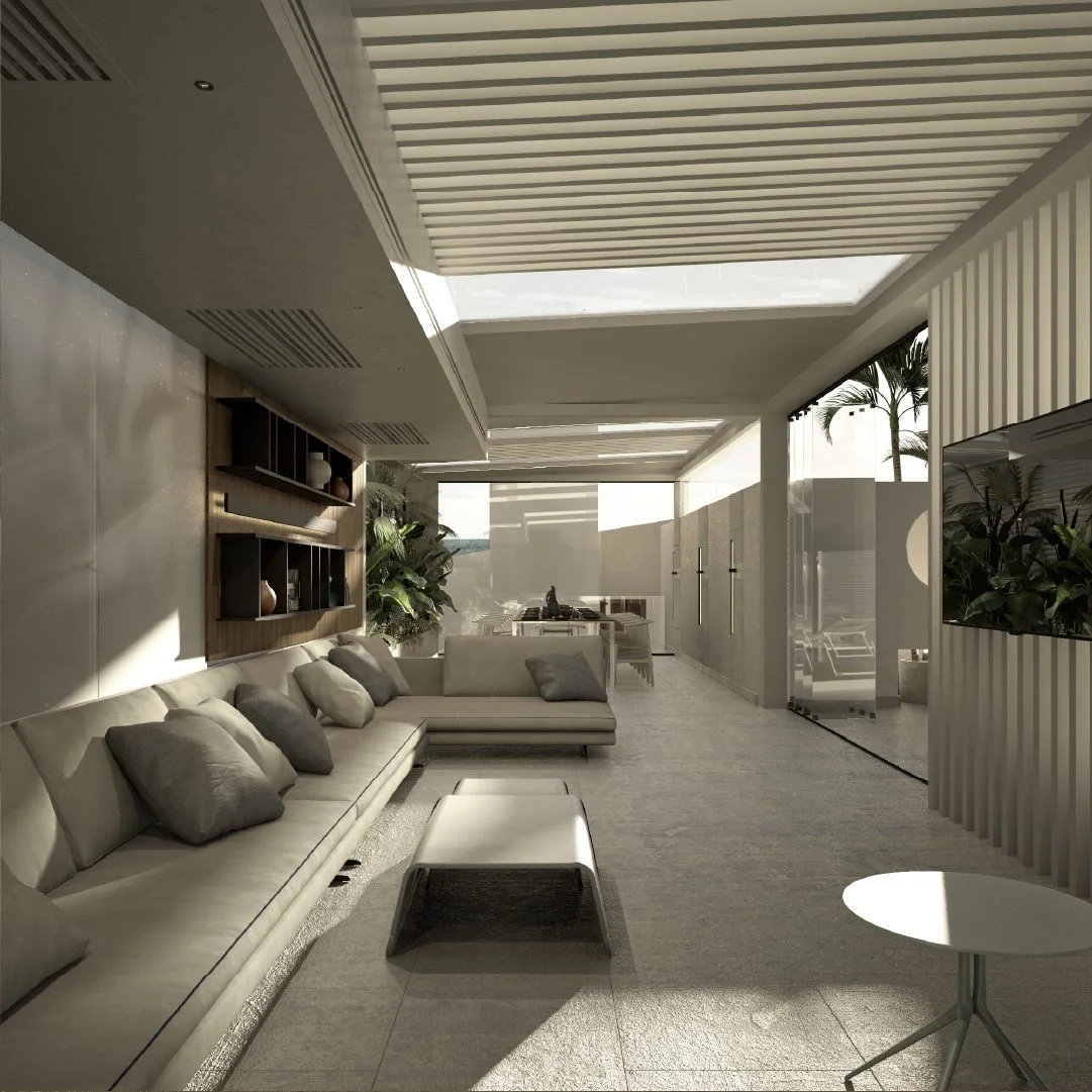 The Getaway Home — Shaded lounge beneath a slatted canopy