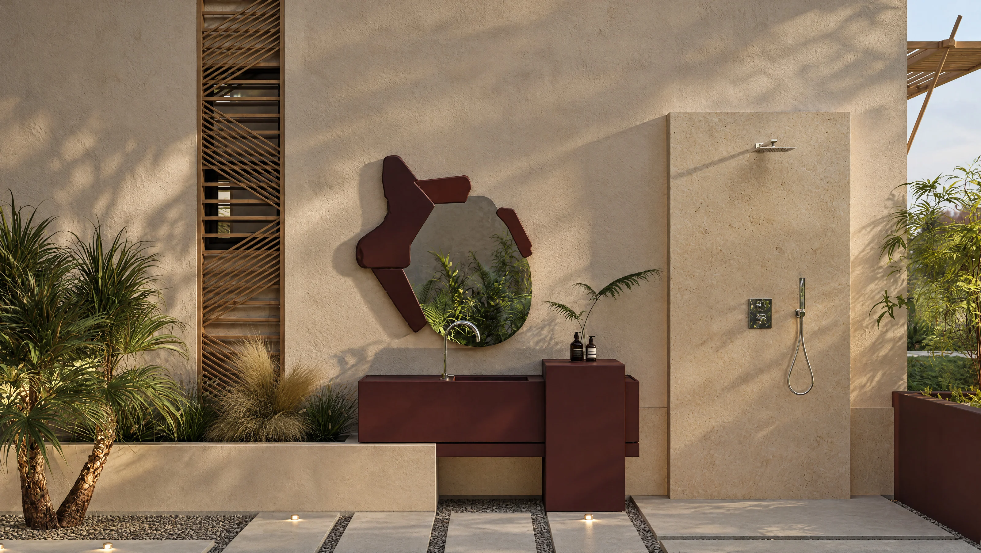 Playa Palms — Outdoor shower and vanity in the garden