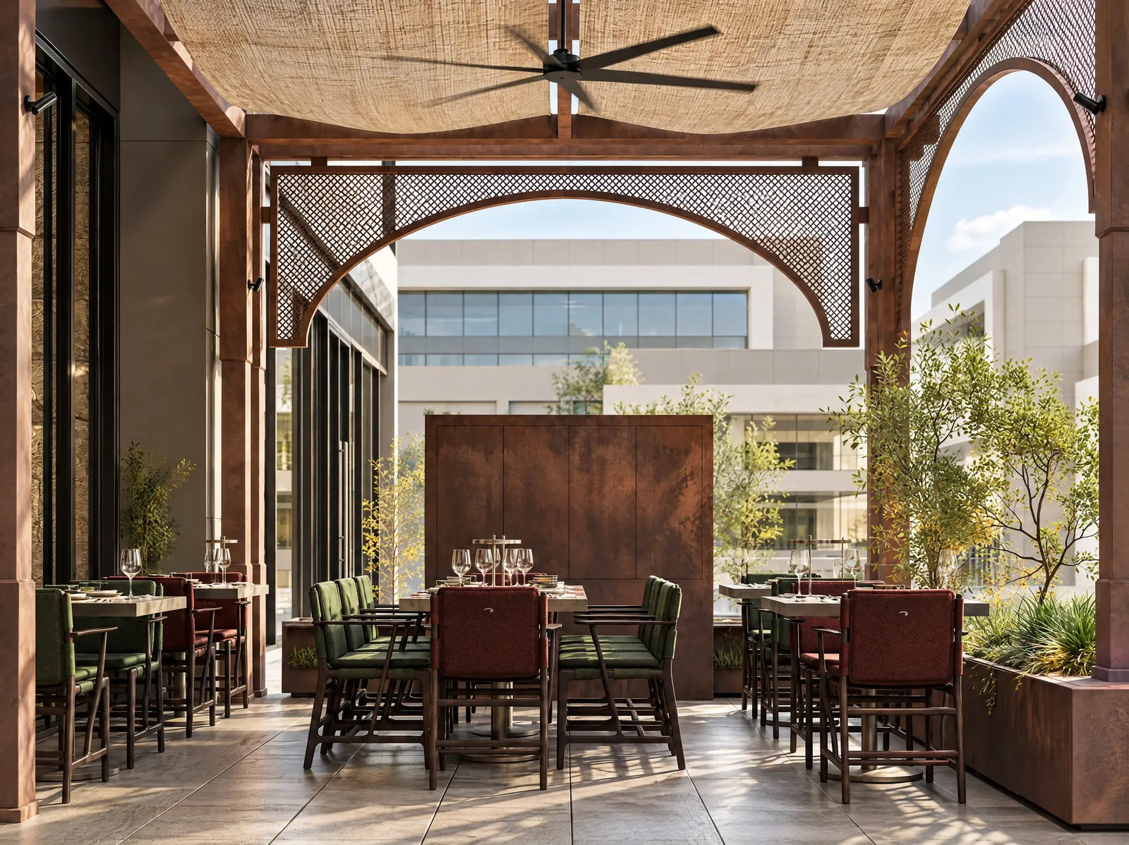Mazal — Terrace dining beneath linen shades