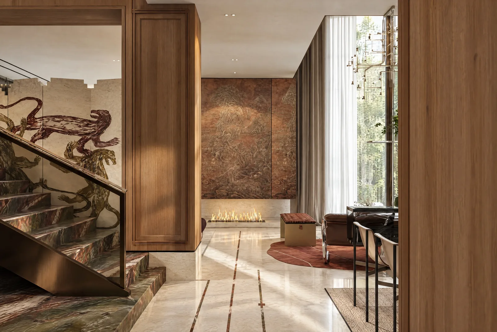 The Russet Pulse — Staircase and fireplace lounge