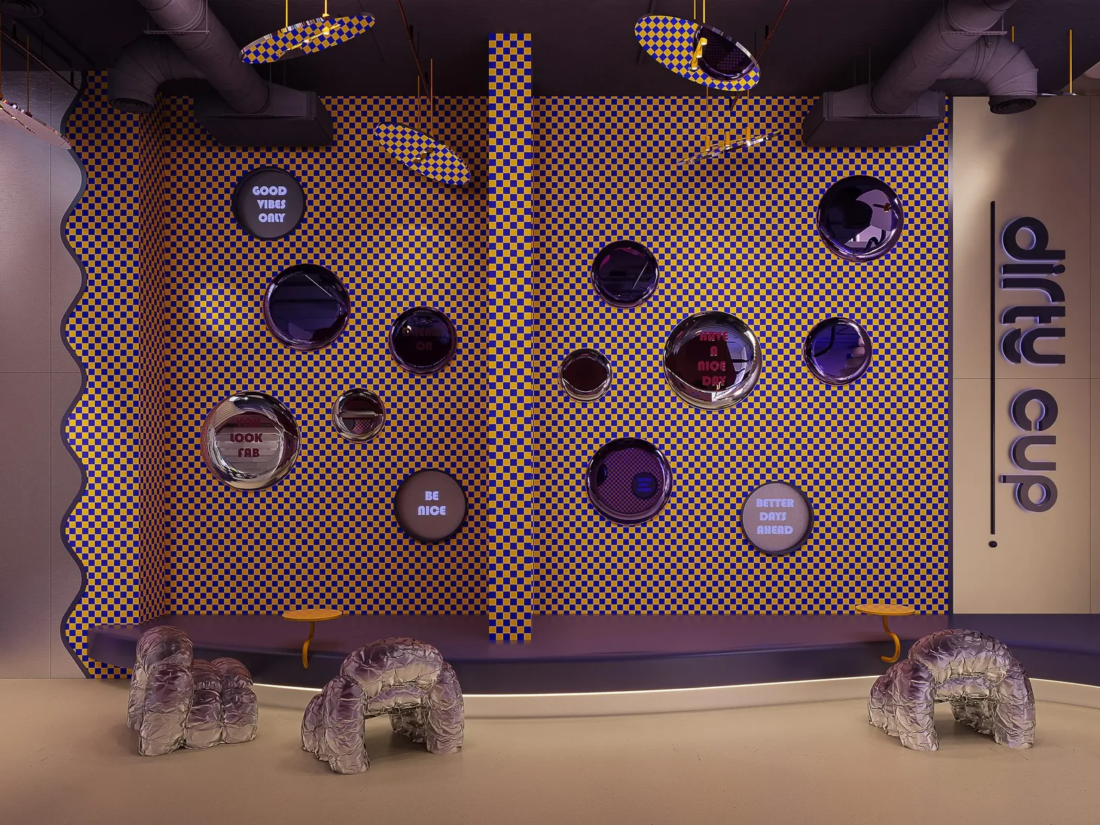 Dirty Cup — Checkered wall with porthole displays
