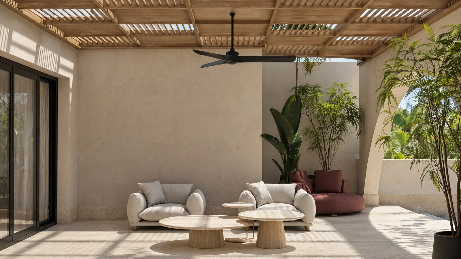 Playa Palms — Covered terrace with lounge chairs