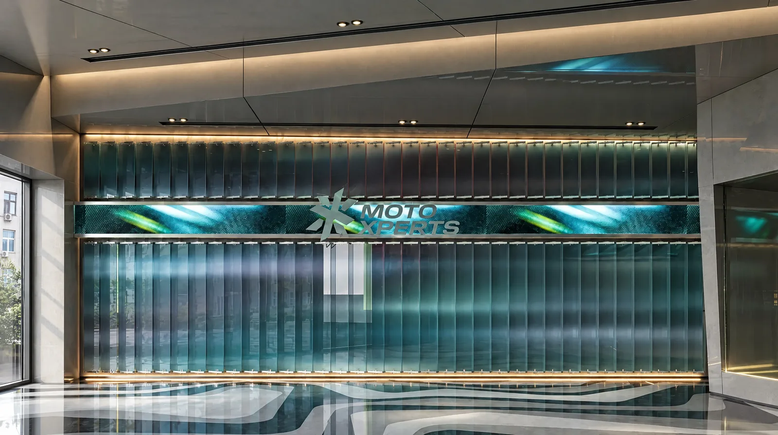 Moto Xperts — Ribbed glass wall with backlit sign