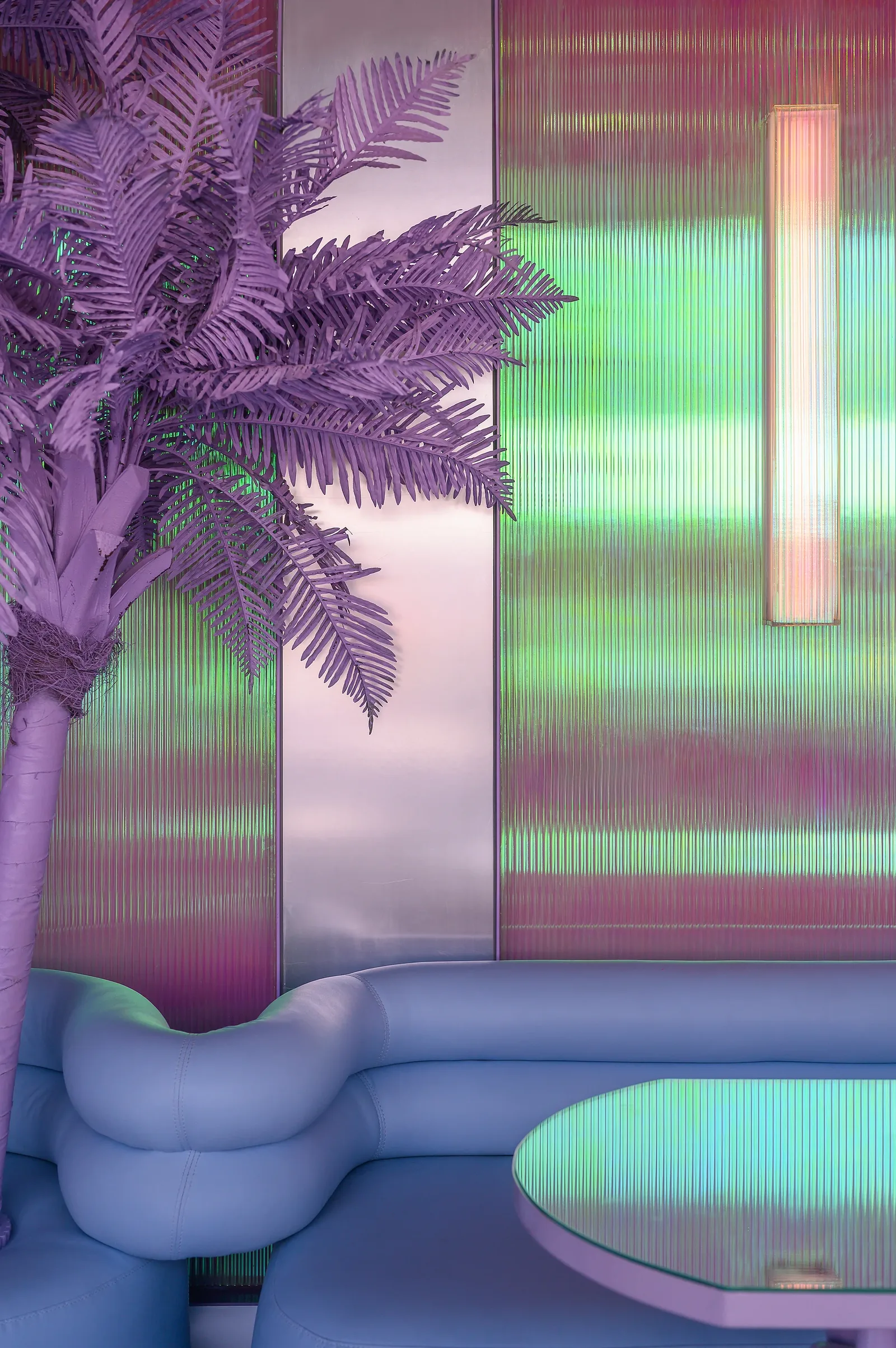 Talkback — Violet palm against iridescent ribbed glass