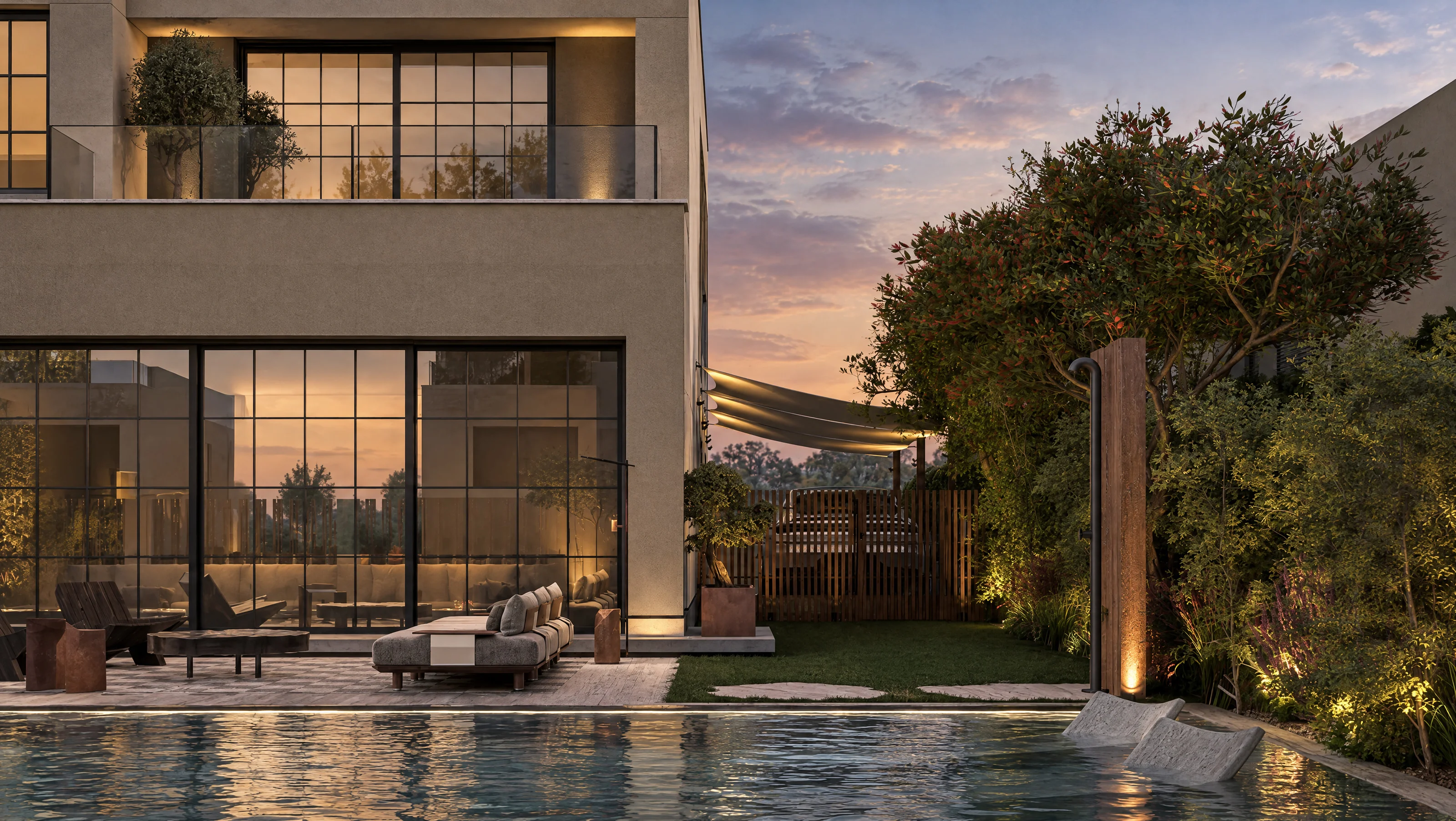 House of Tsuba — Pool and terrace at dusk