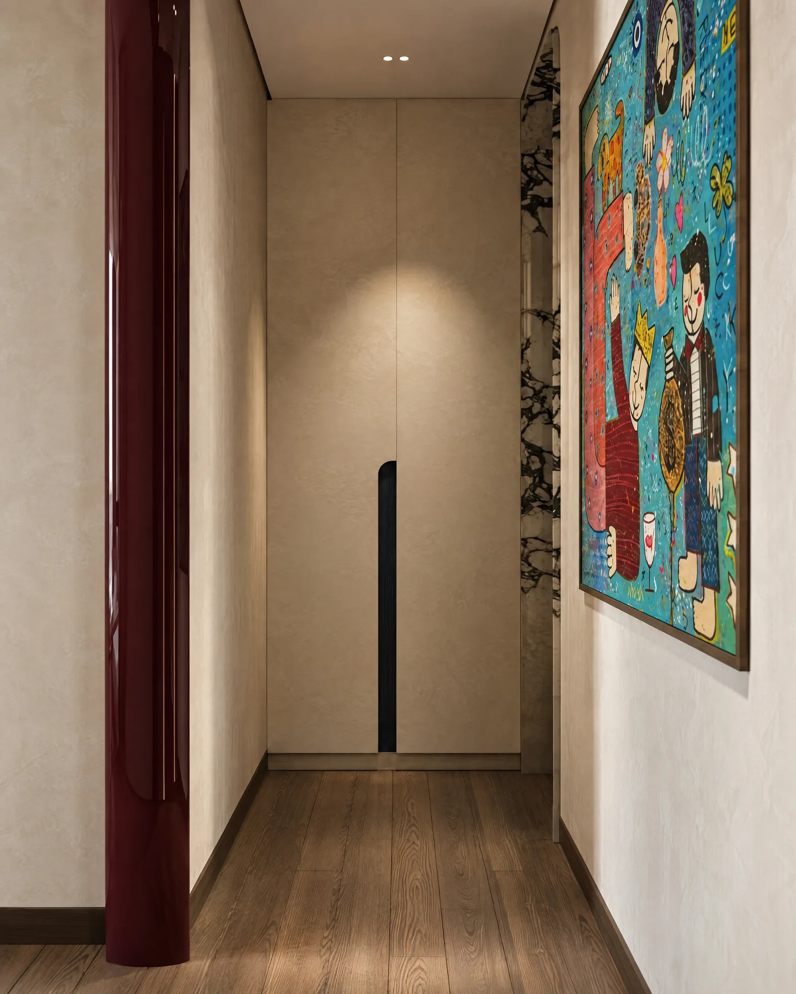 The Russet Pulse — Corridor with artwork
