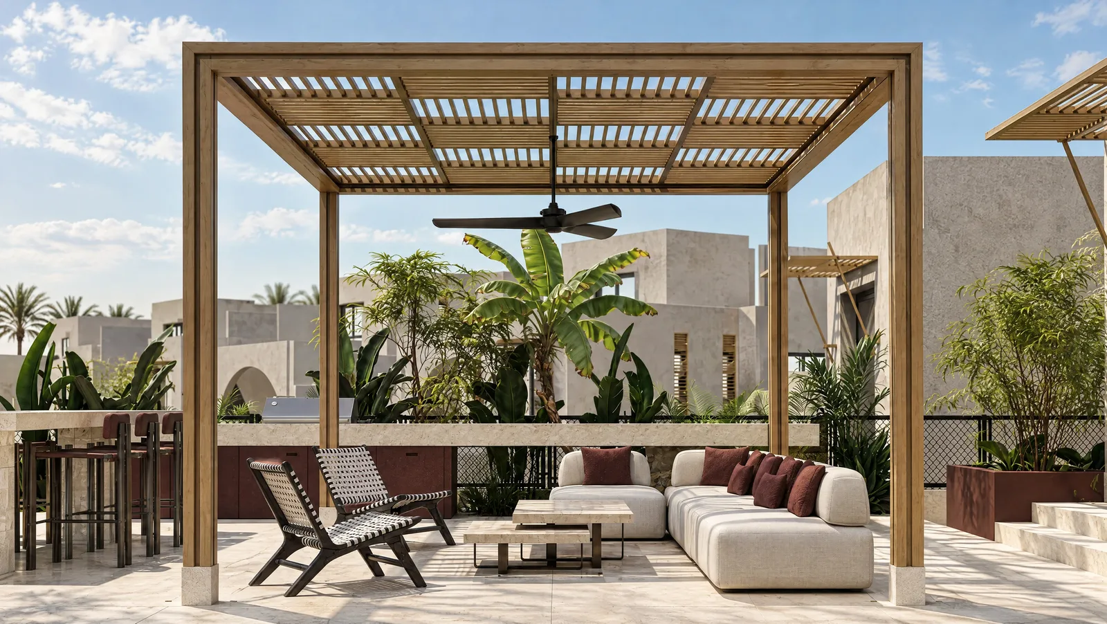 Playa Palms — Garden lounge beneath the pergola