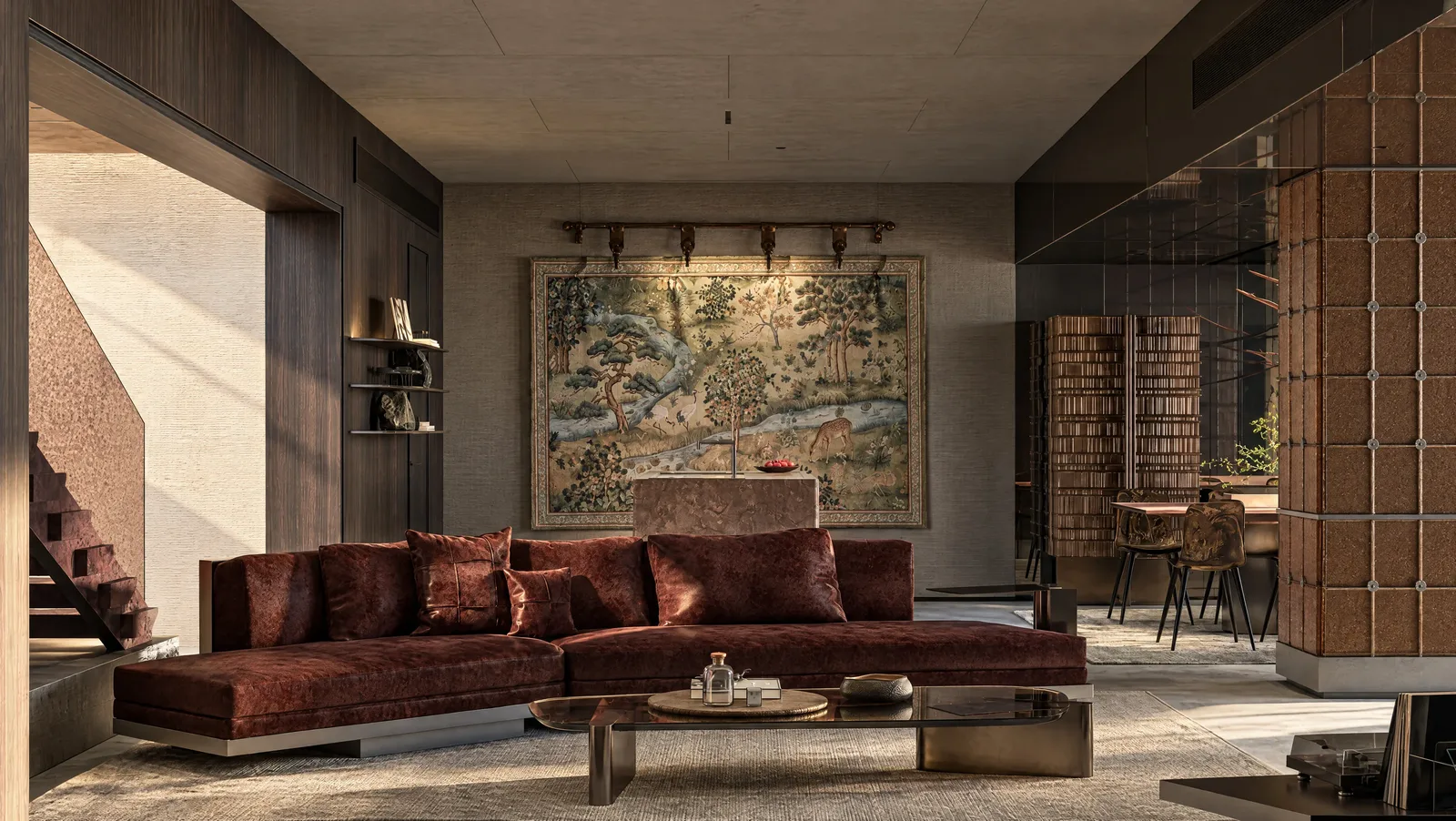 House of Tsuba — Living room beneath a tapestry