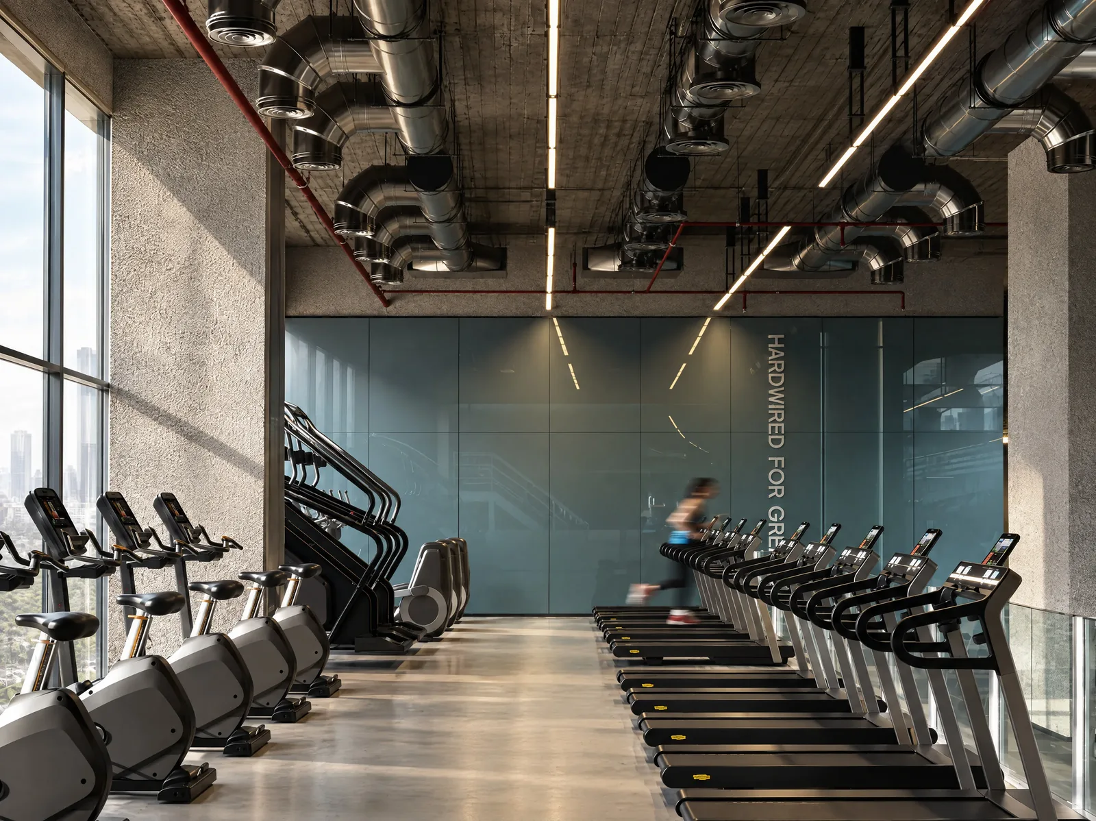 Exon Gym — Treadmills beneath exposed ducts