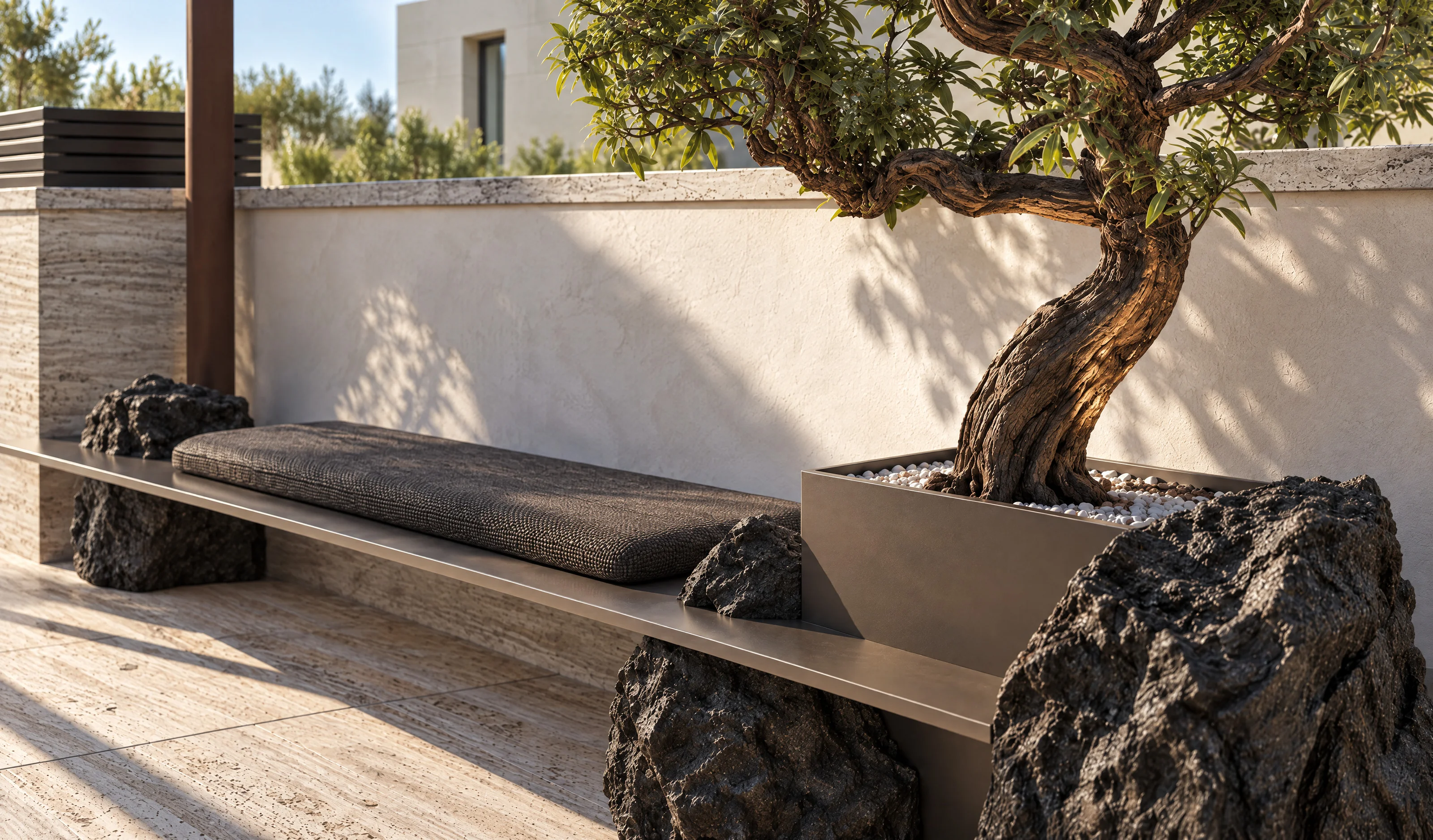 House of Tsuba — Roof terrace with a sculpted pine