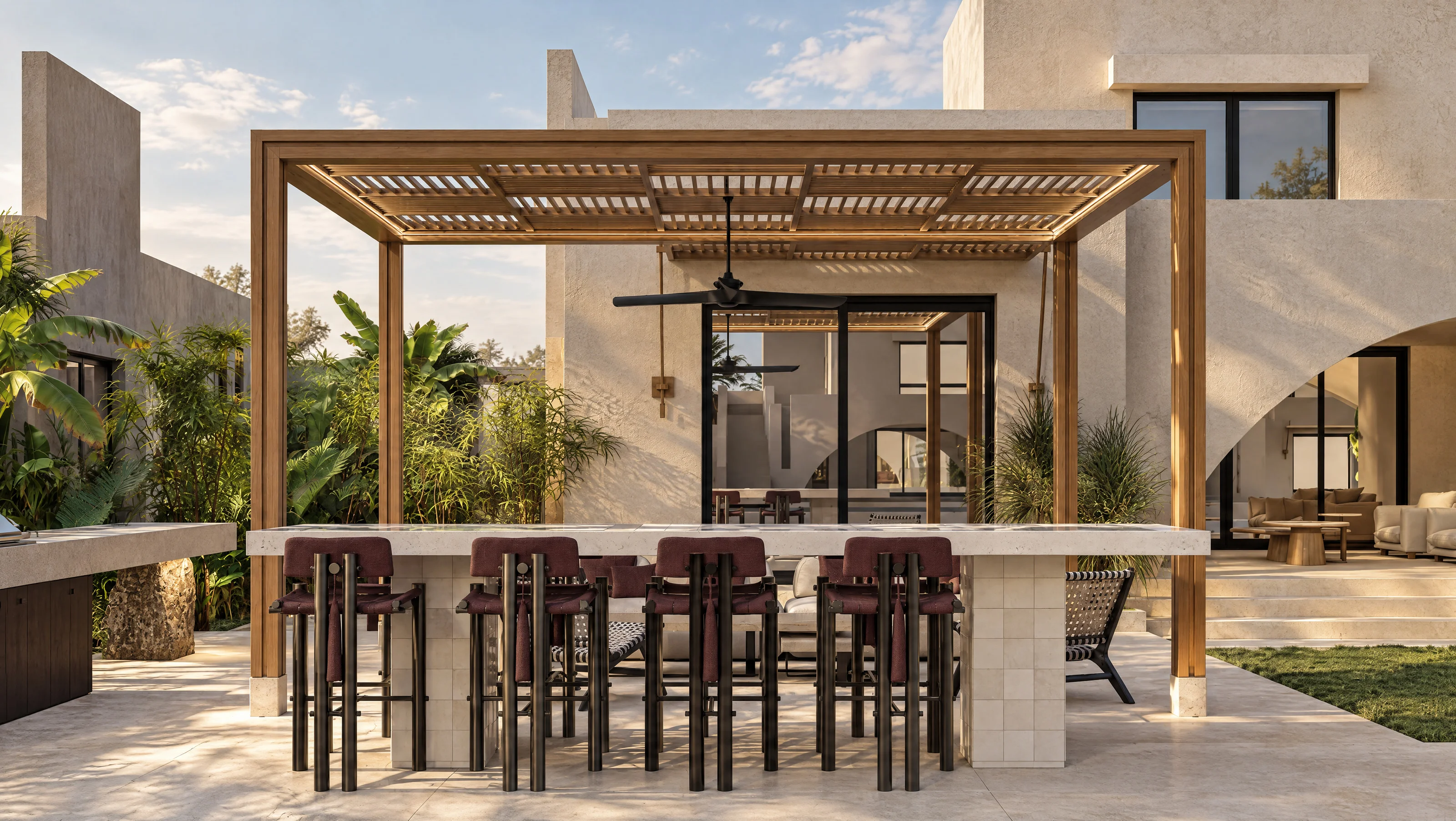 Playa Palms — Outdoor dining table beneath the timber pergola