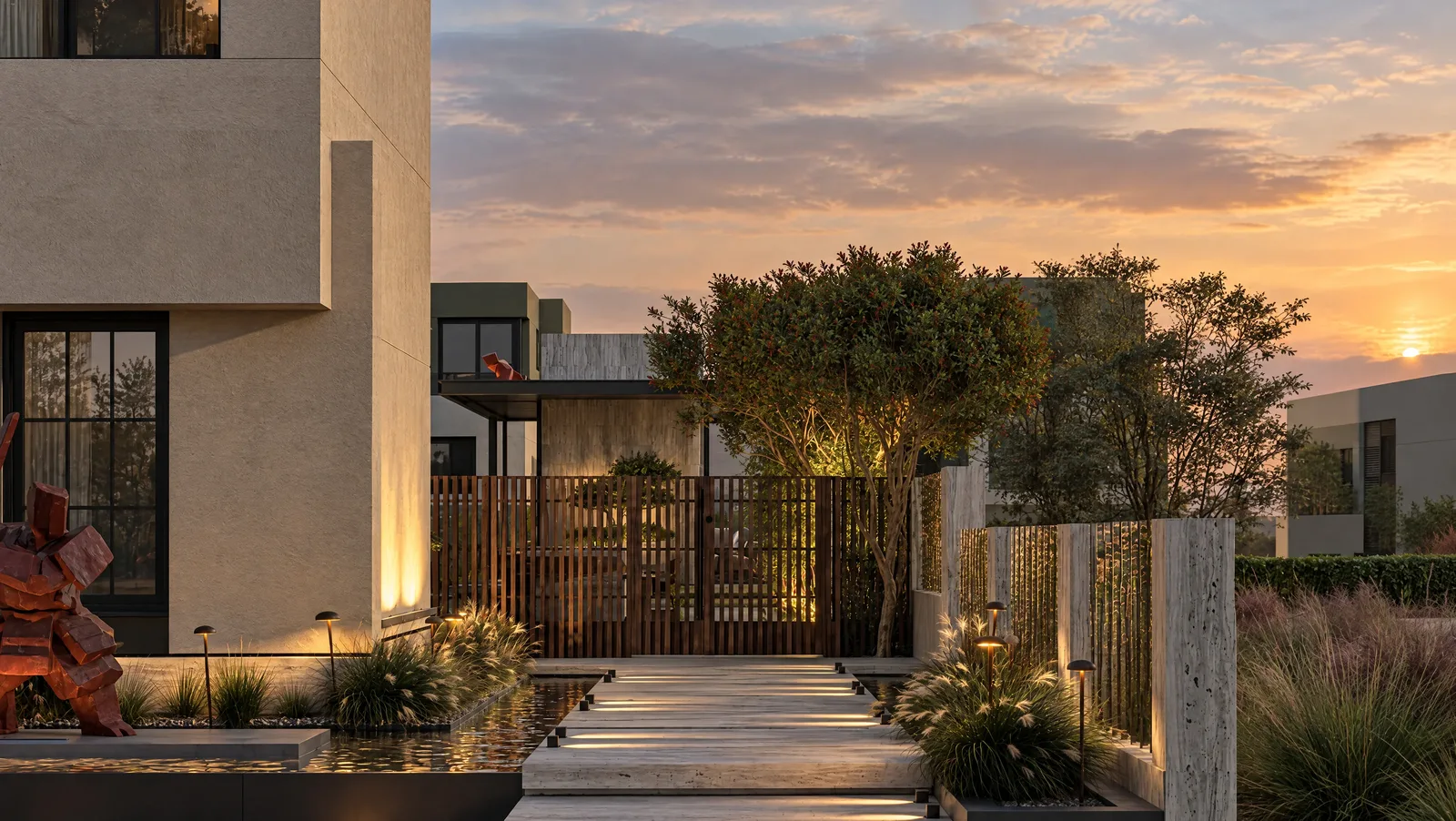 House of Tsuba — Garden path at sunset