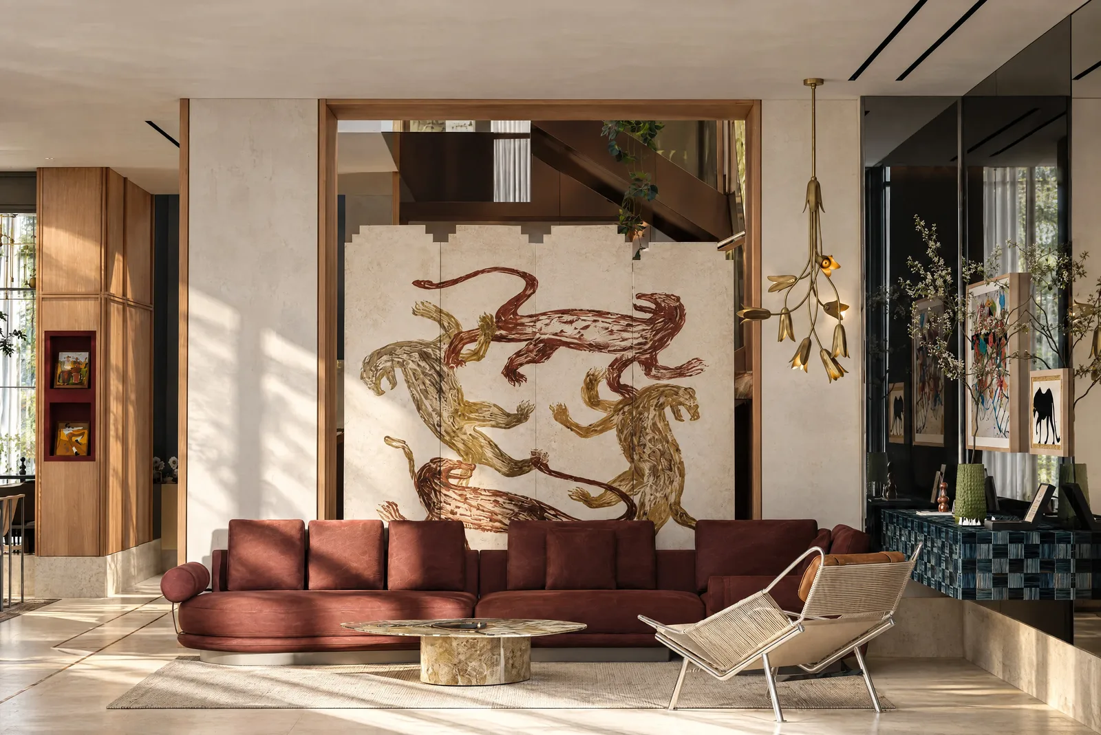 The Russet Pulse — Living room with a hand-painted mural