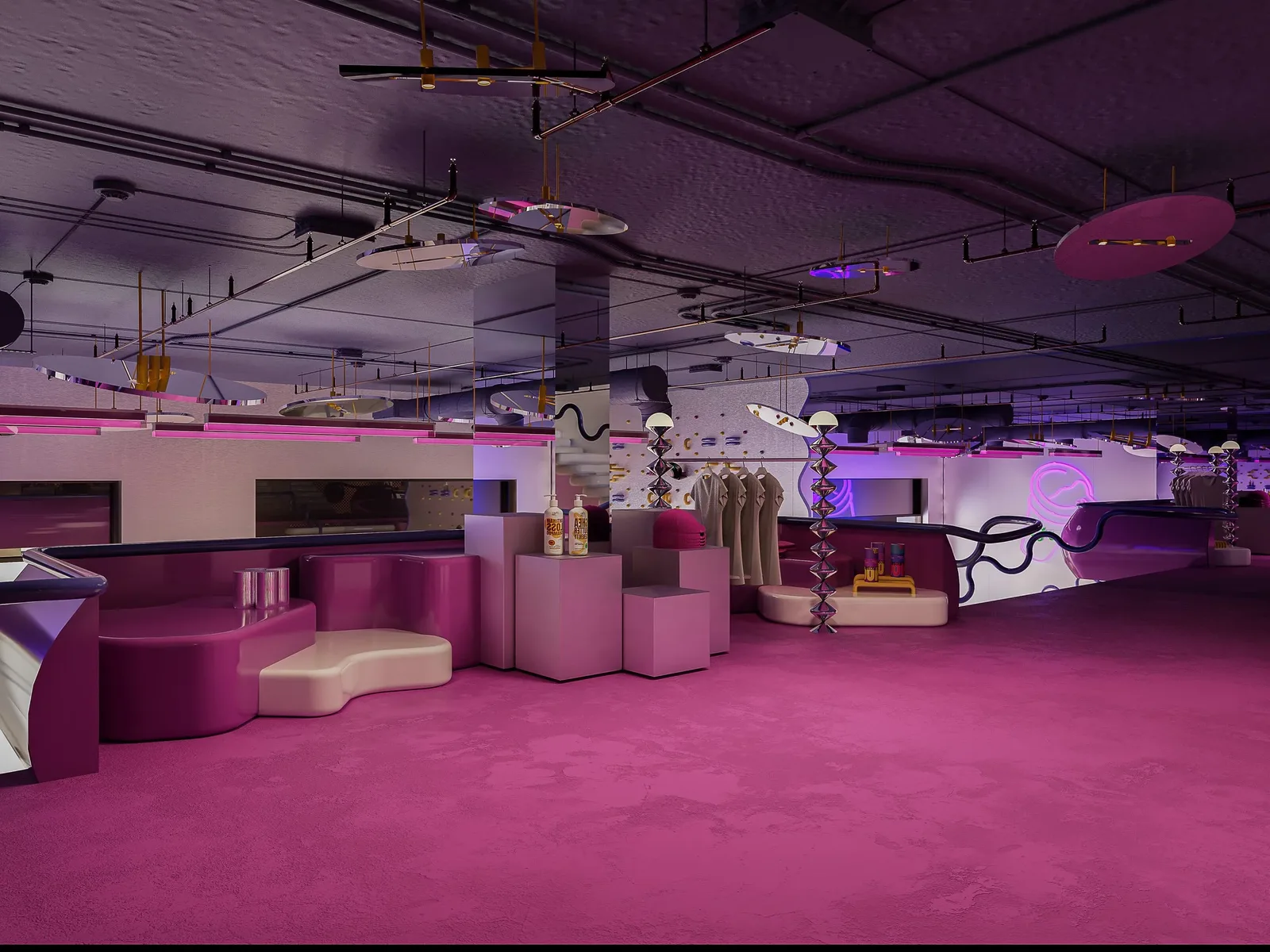 Dirty Cup — Lower-level lounge in magenta