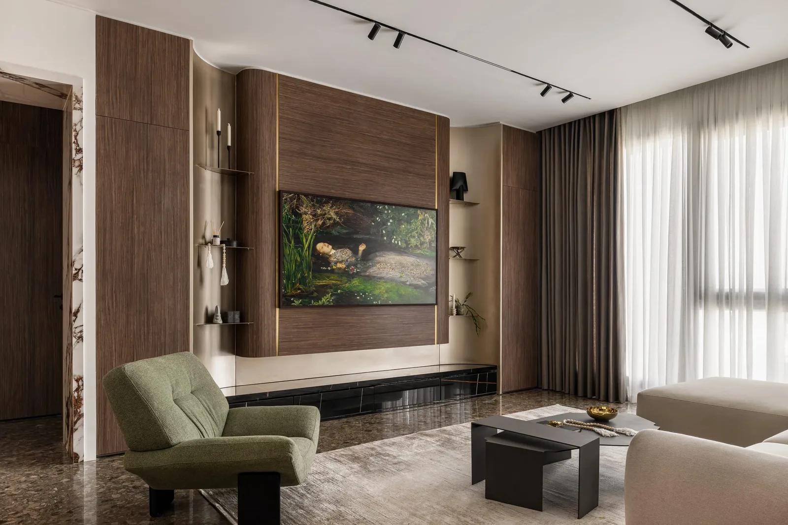 JW Marriott Residences — Living room with walnut panelling and a statement painting