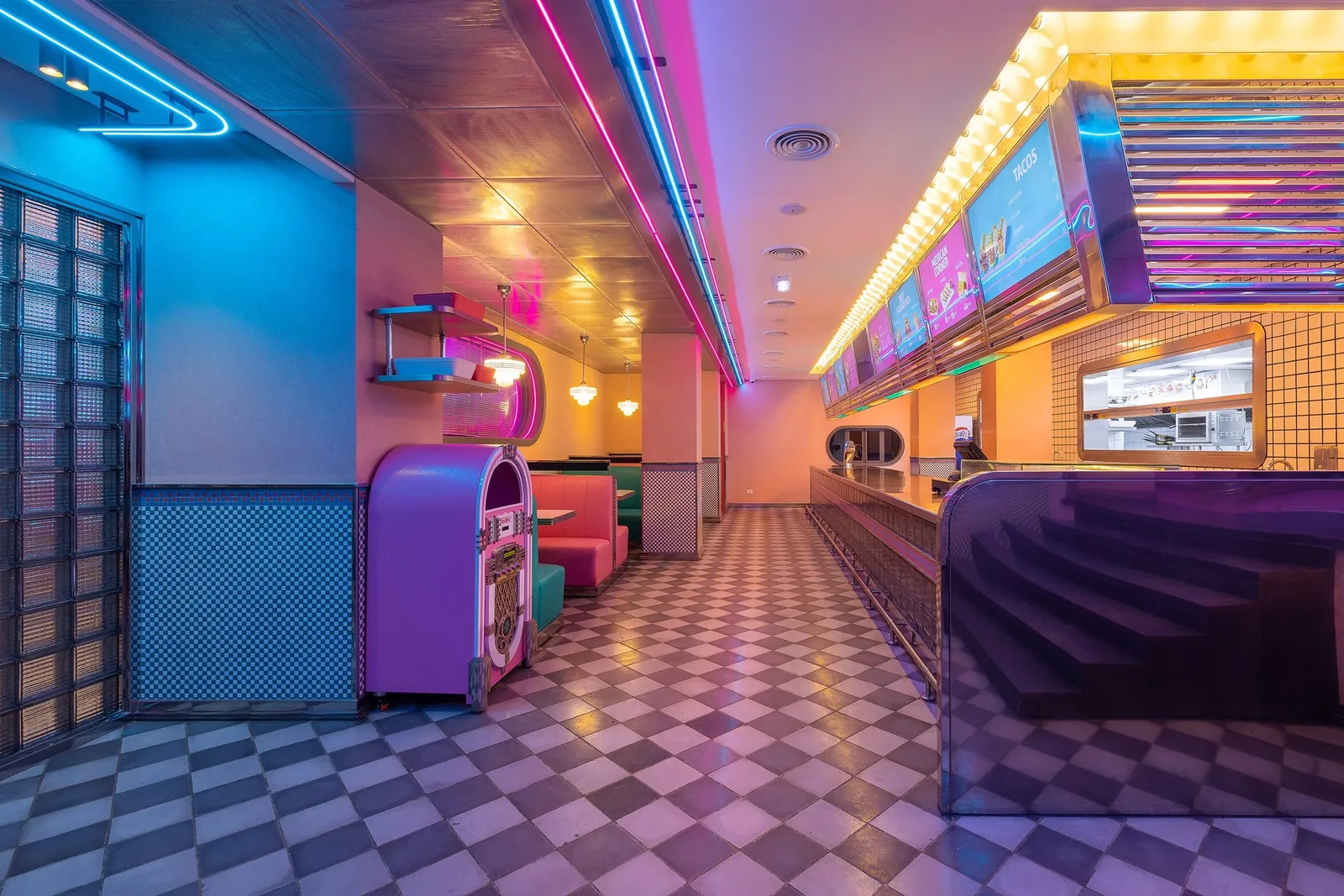 Pablo & Abdo — Jukebox and stainless counter in pink and blue neon