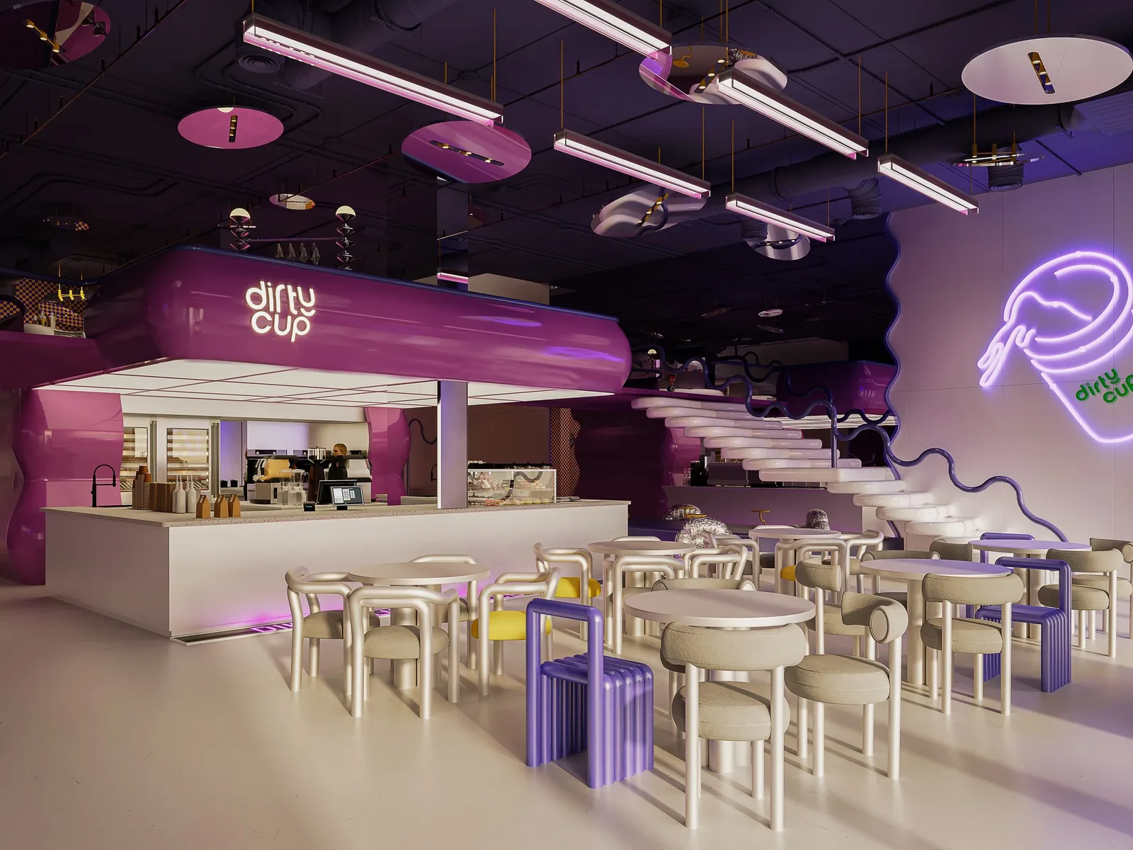 Dirty Cup — Cafe bar in glossy plum with lilac neon