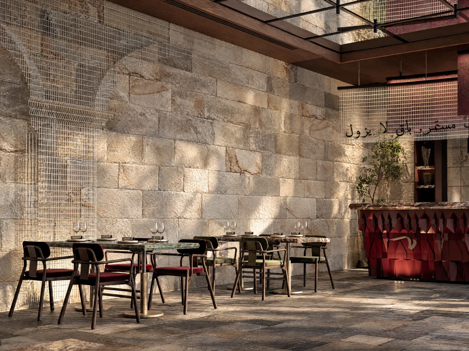 Mazal — Dining room along the stone wall