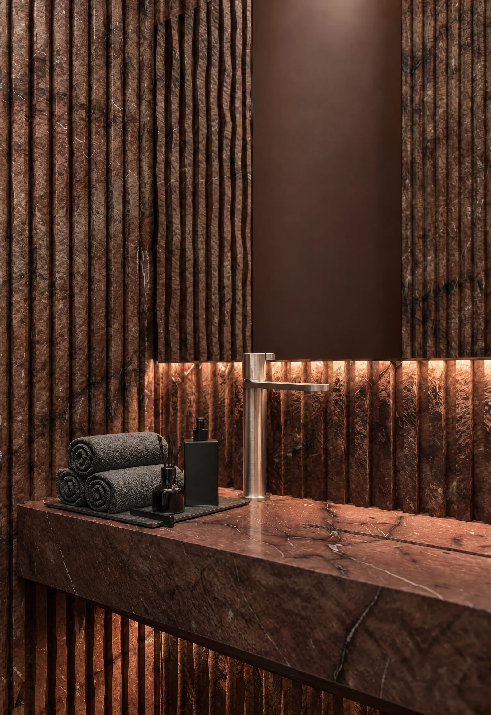 House of Tsuba — Guest washroom in red timber