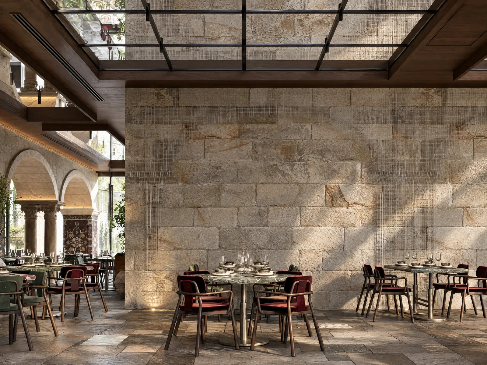 Mazal — Arched windows and stone wall