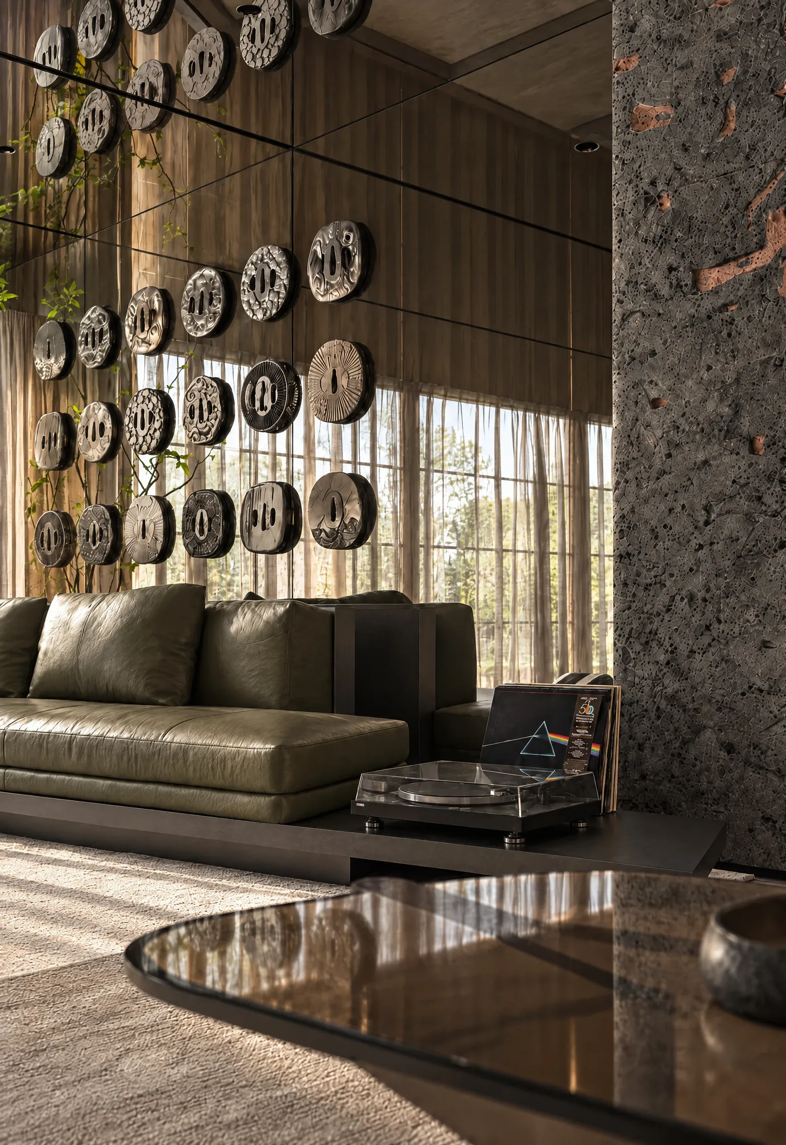 House of Tsuba — Lounge with a wall of ceramic plates