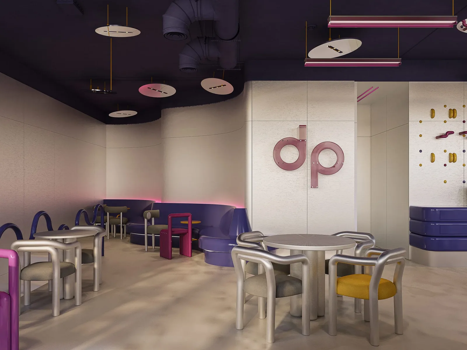 Dirty Cup — Seating area with monogram wall