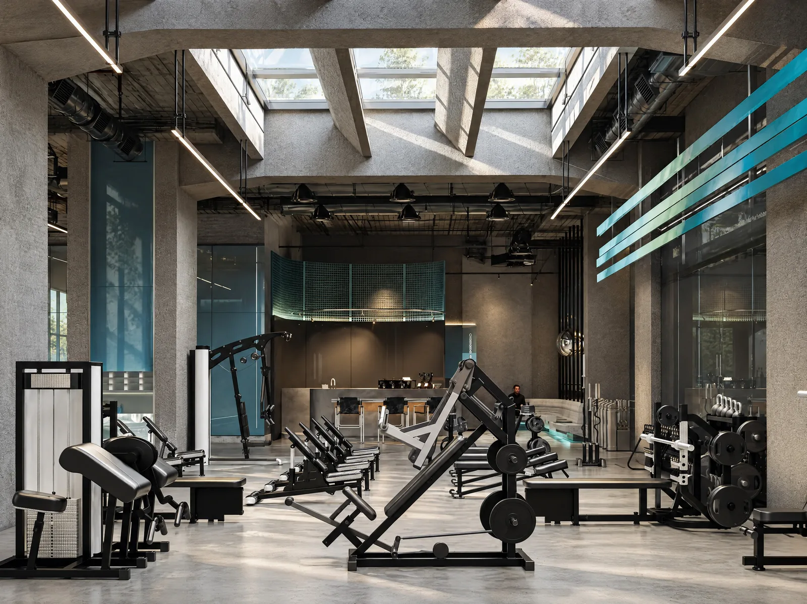 Exon Gym — Strength floor beneath skylights