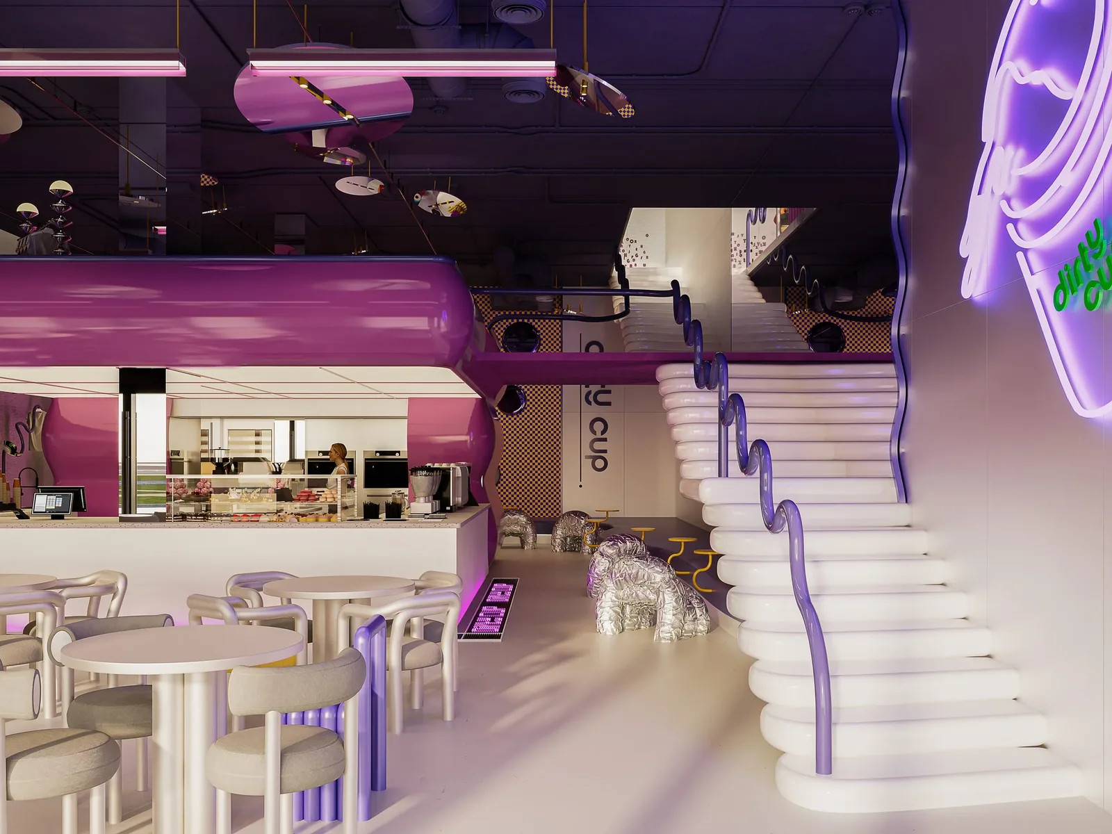 Dirty Cup — Bar and white sculptural staircase