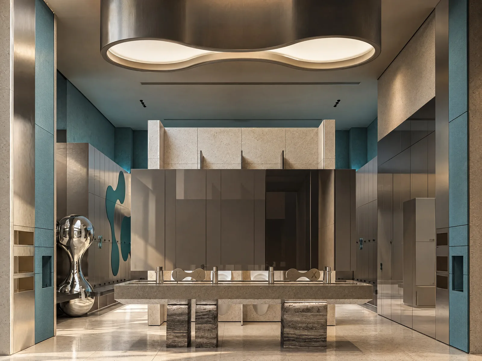 Exon Gym — Changing room beneath a sculpted light