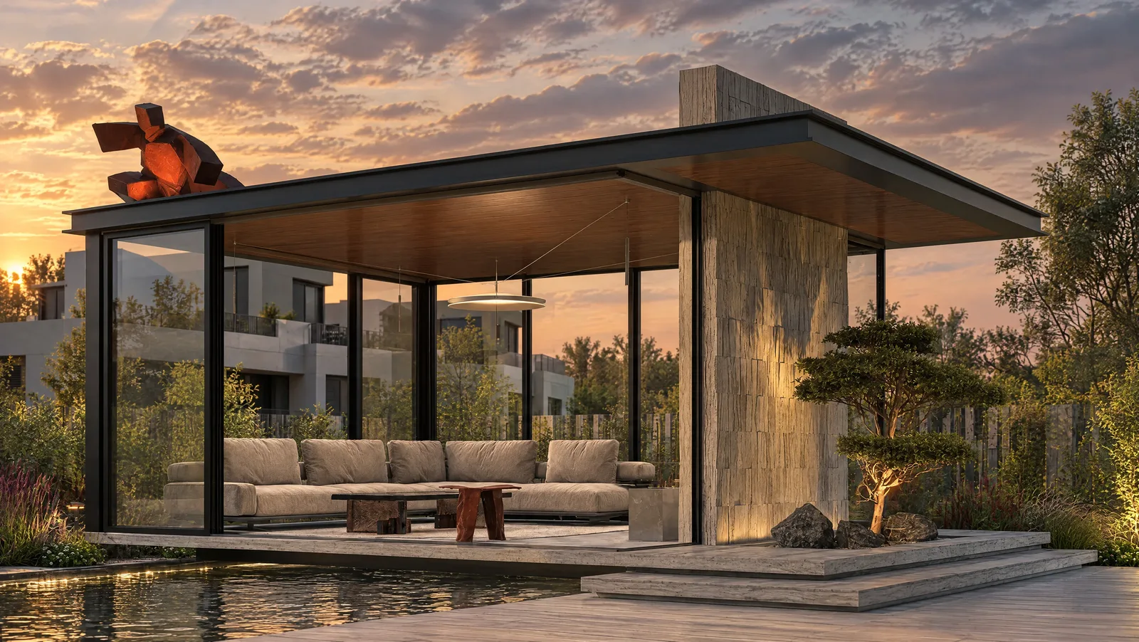 House of Tsuba — Pool pavilion at dusk