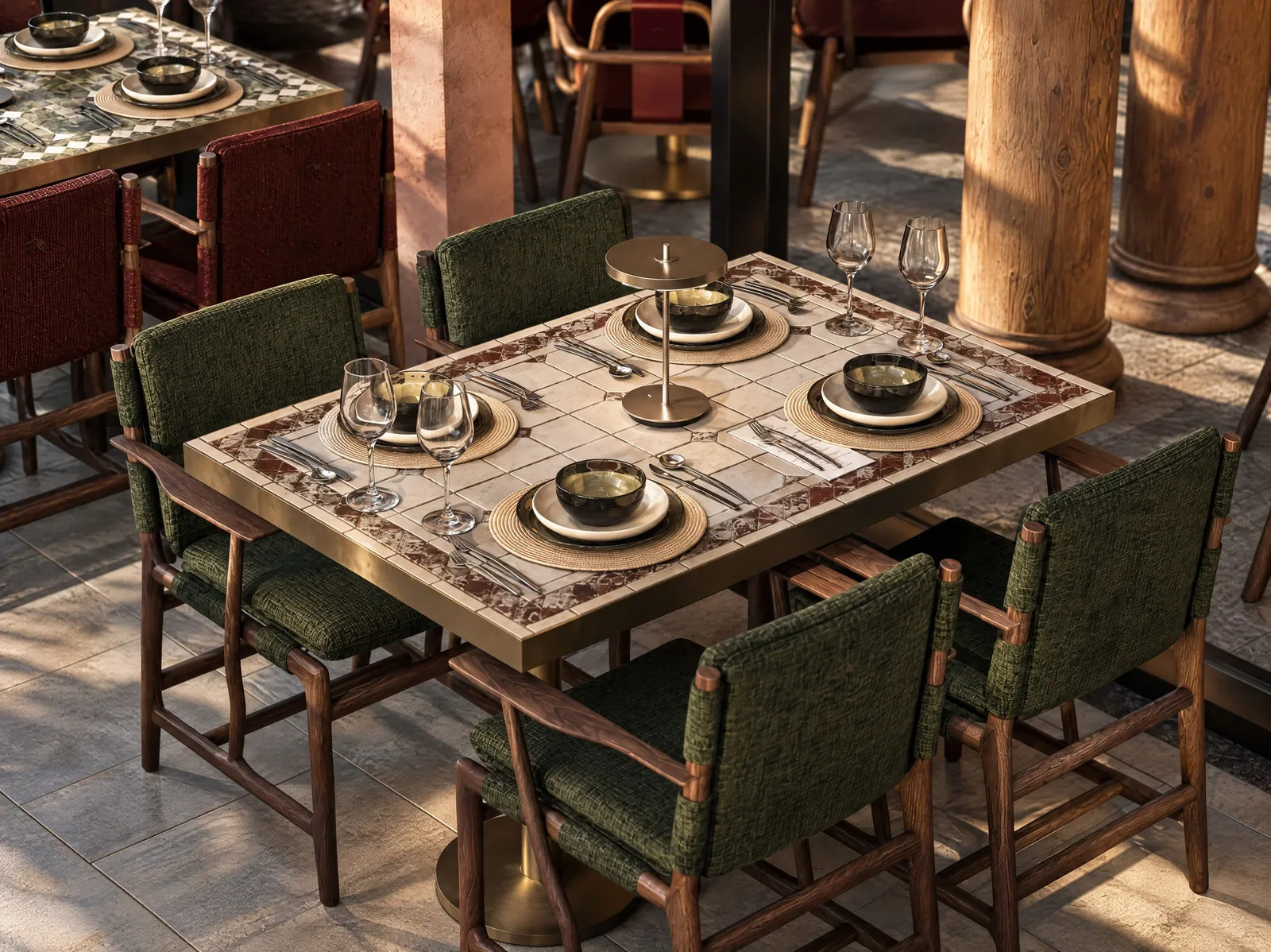 Mazal — Table set with green upholstered chairs