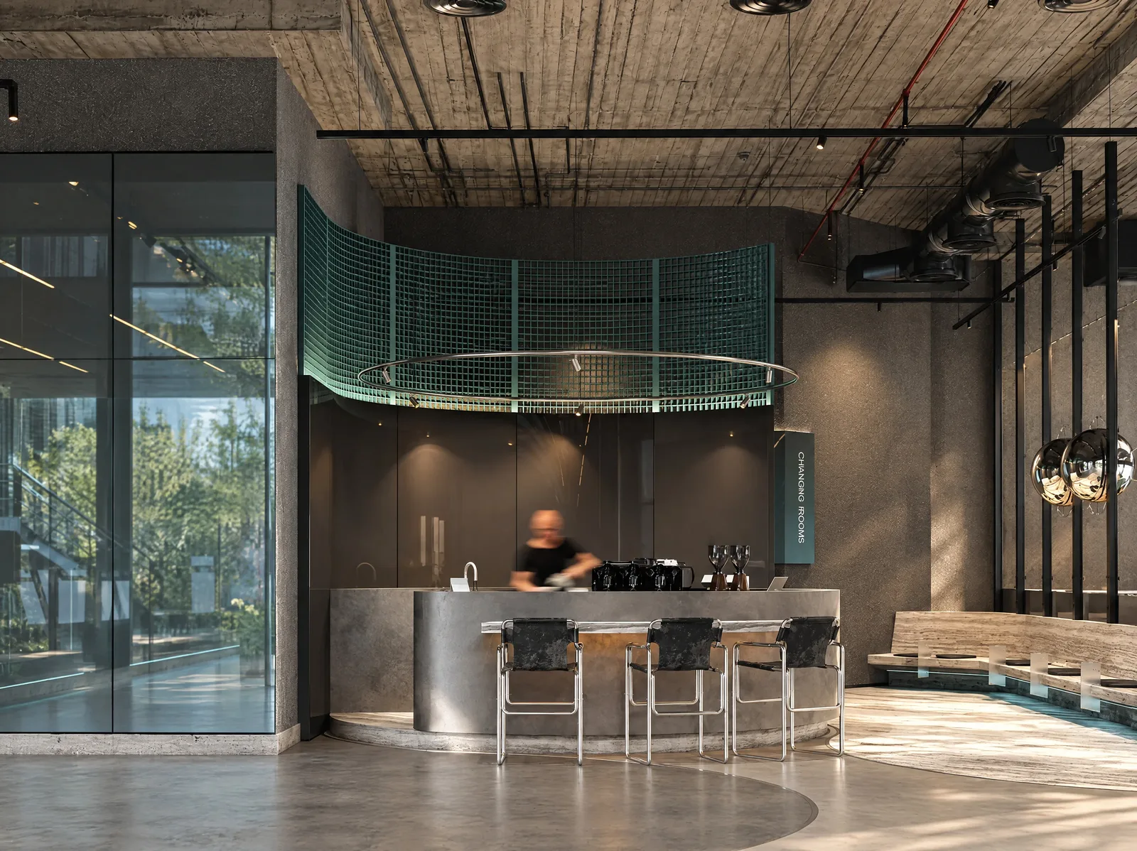 Exon Gym — Juice bar beneath a glass canopy
