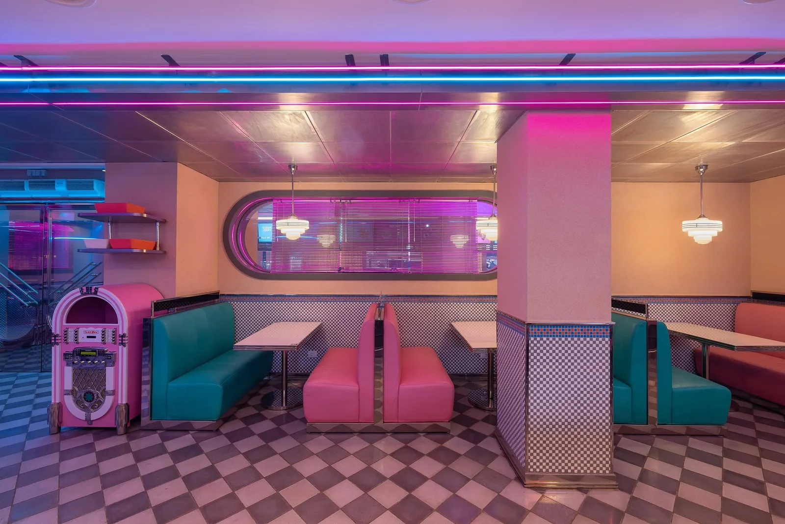 Pablo & Abdo — Booth row with jukebox and pendant lights