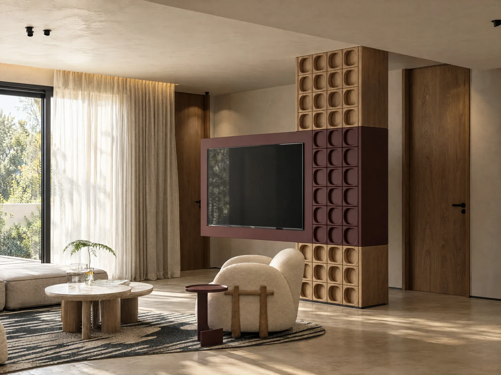 Playa Palms — Media wall in oxblood lacquer