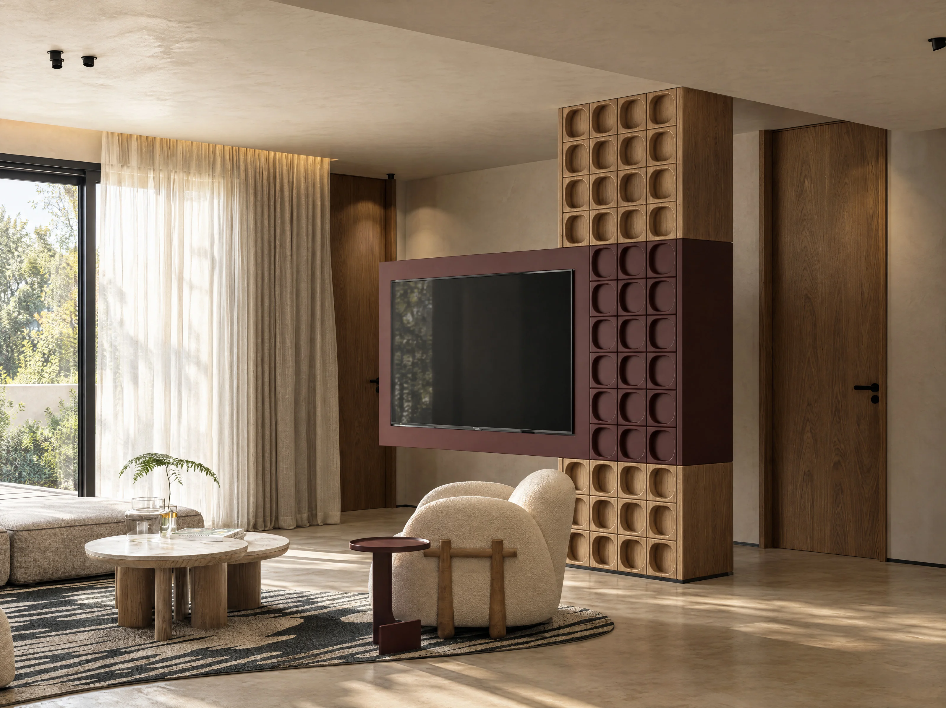 Playa Palms — Media wall in oxblood lacquer