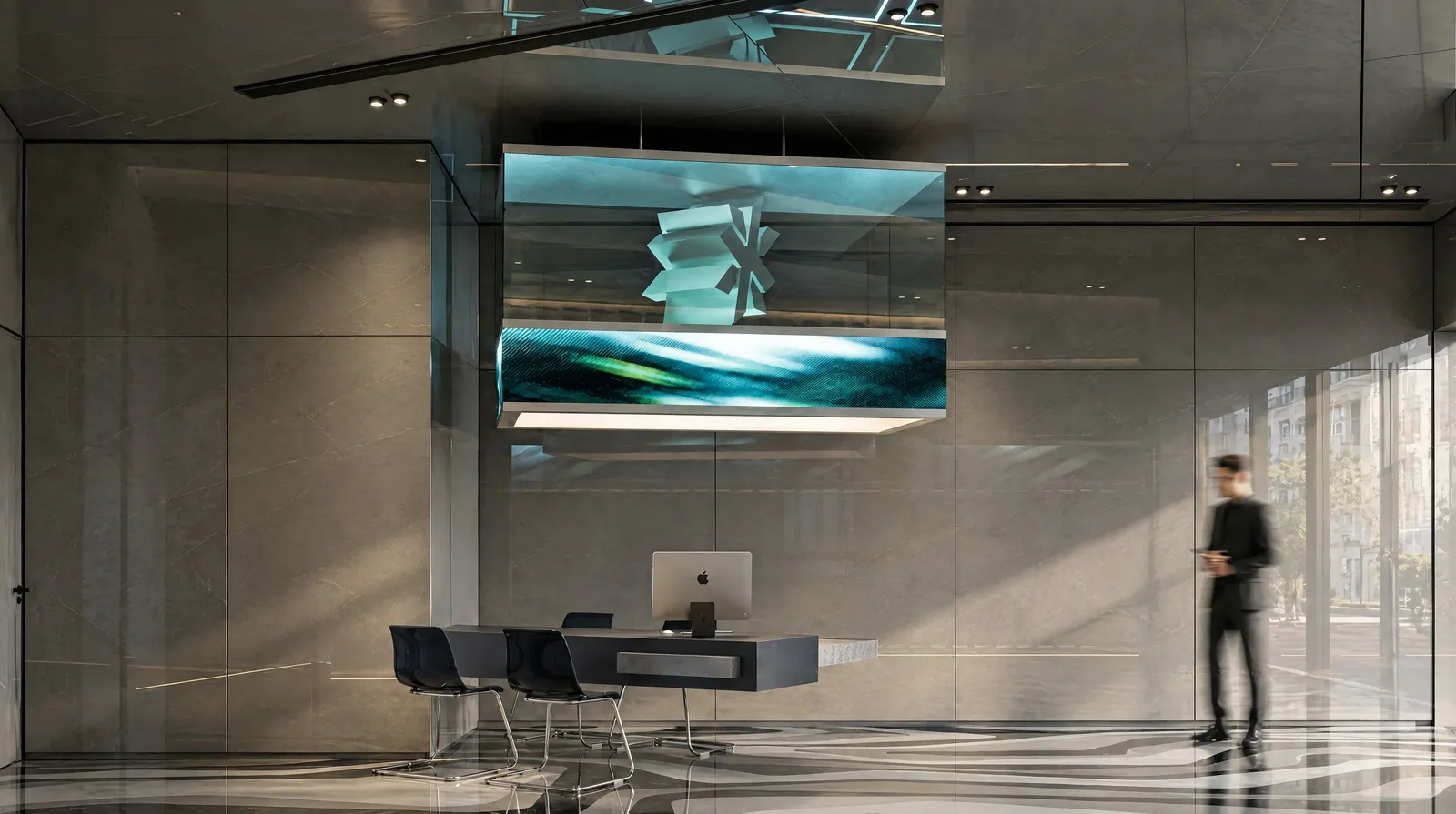 Moto Xperts — Sales desk beneath the glass cube