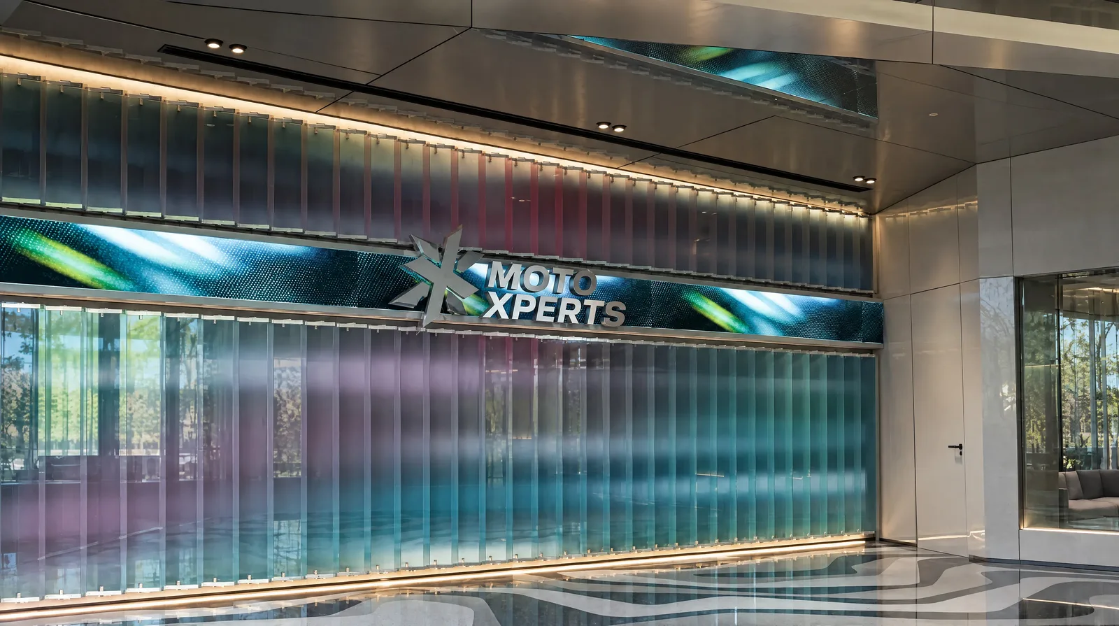 Moto Xperts — Ribbed glass feature wall