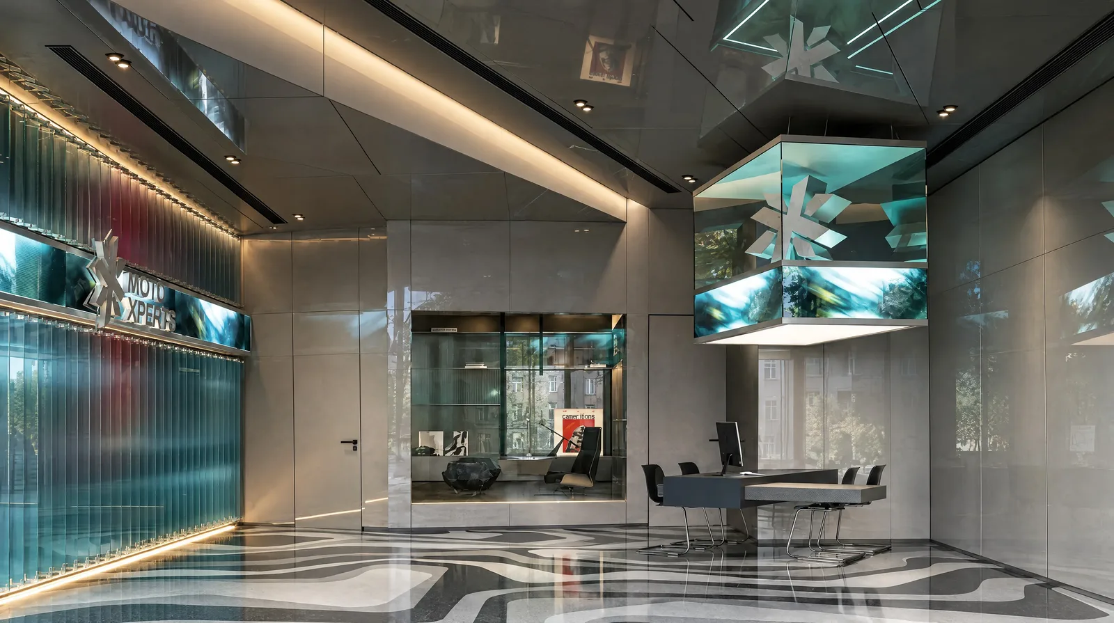 Moto Xperts — Showroom floor beneath a suspended glass cube