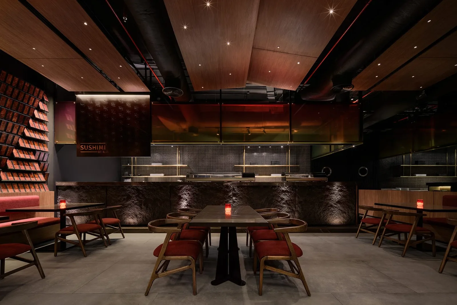 Sushimi By K — Dining room beneath a smoked timber ceiling